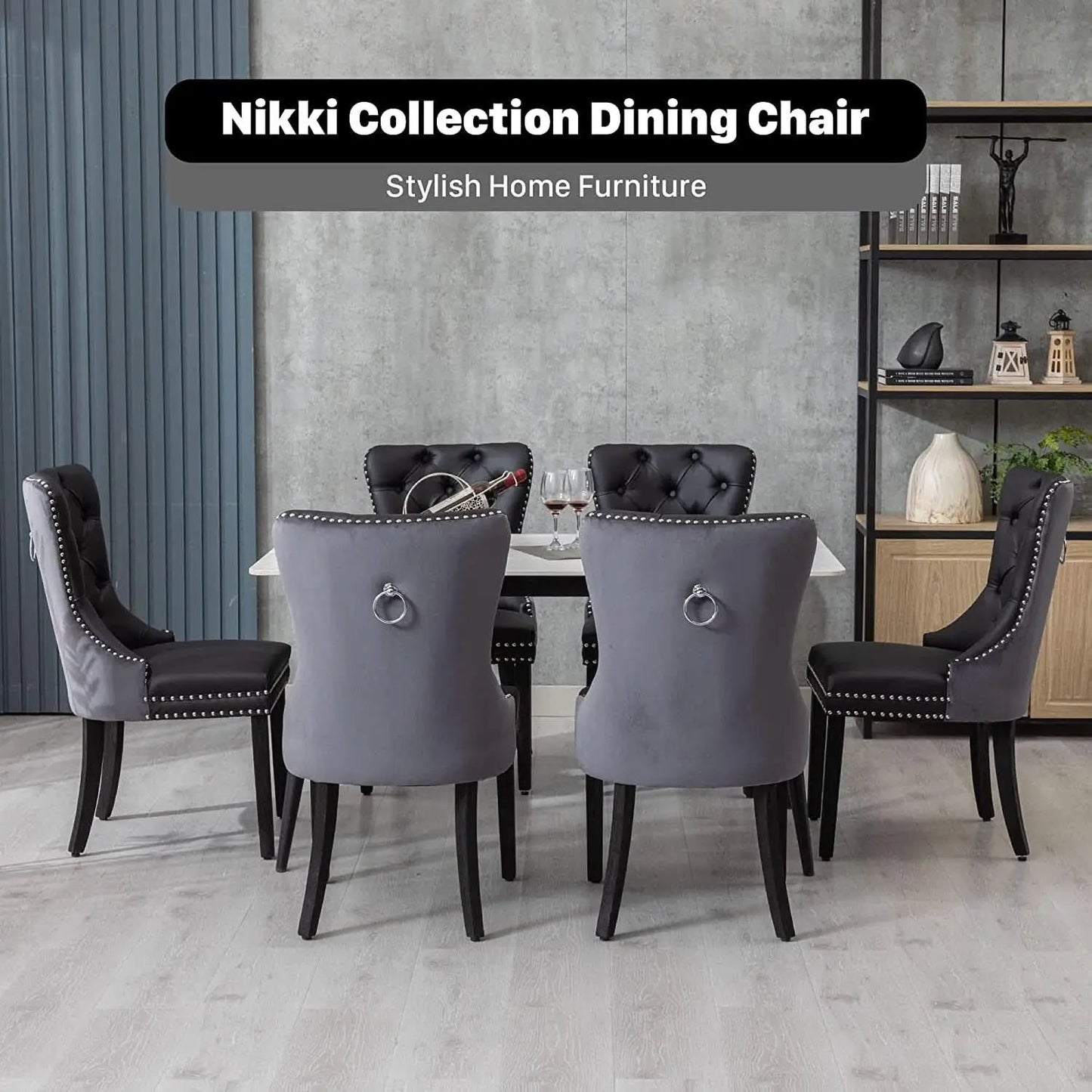 Velvet Dining Chairs Set Of 6 Black And Dark Grey Nailhead Trim from PriceLows™