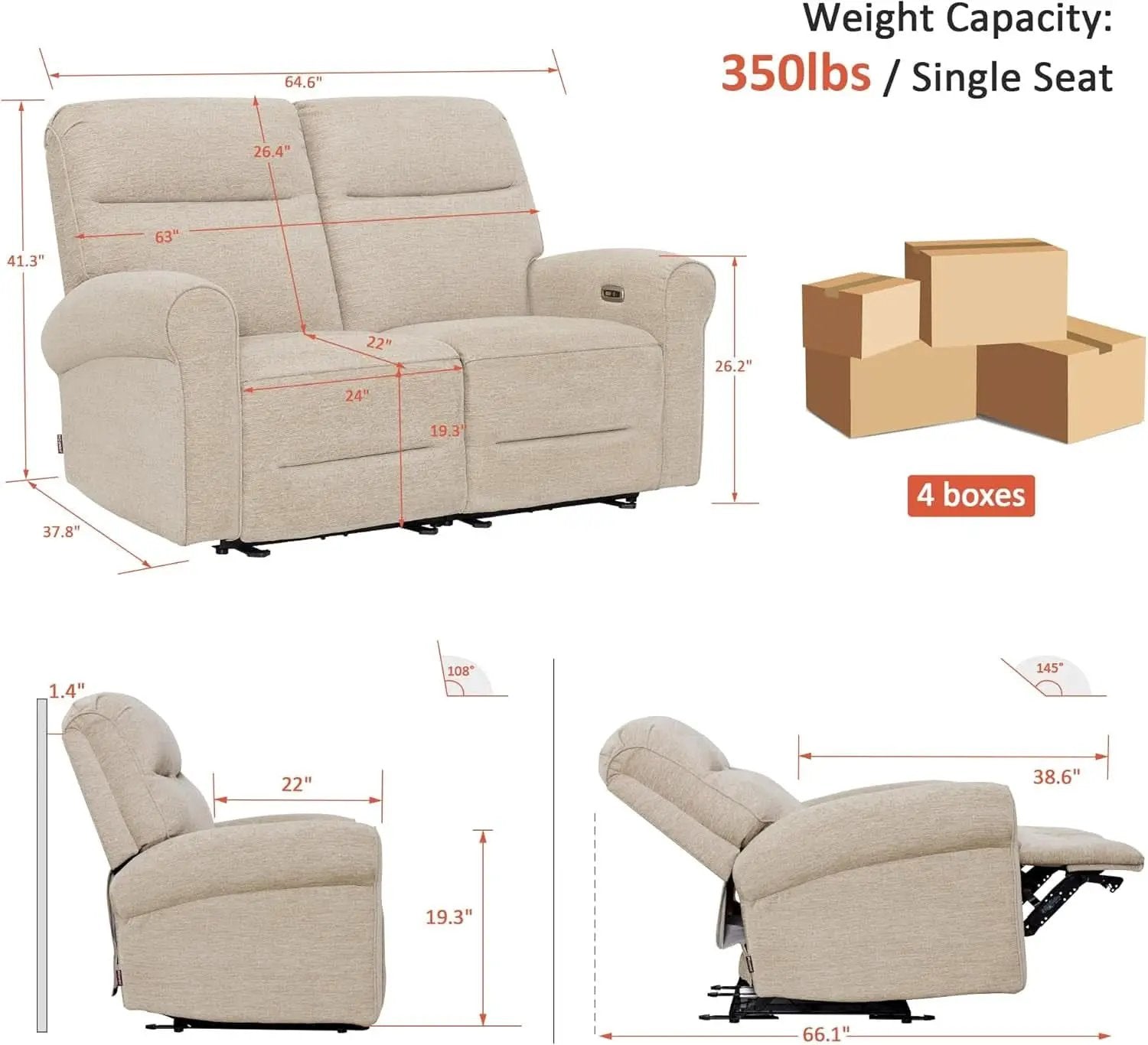 64.6 Inch Wall Hugging Auto Power Recline Loveseat from PriceLows™