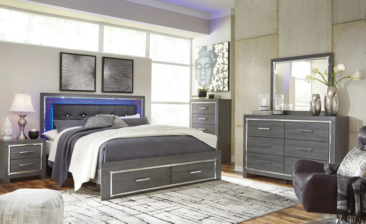 Lodanna Panel Bedroom Set | 4-Piece | Modern Wood-Grain Finish | Faceted Chrome Details