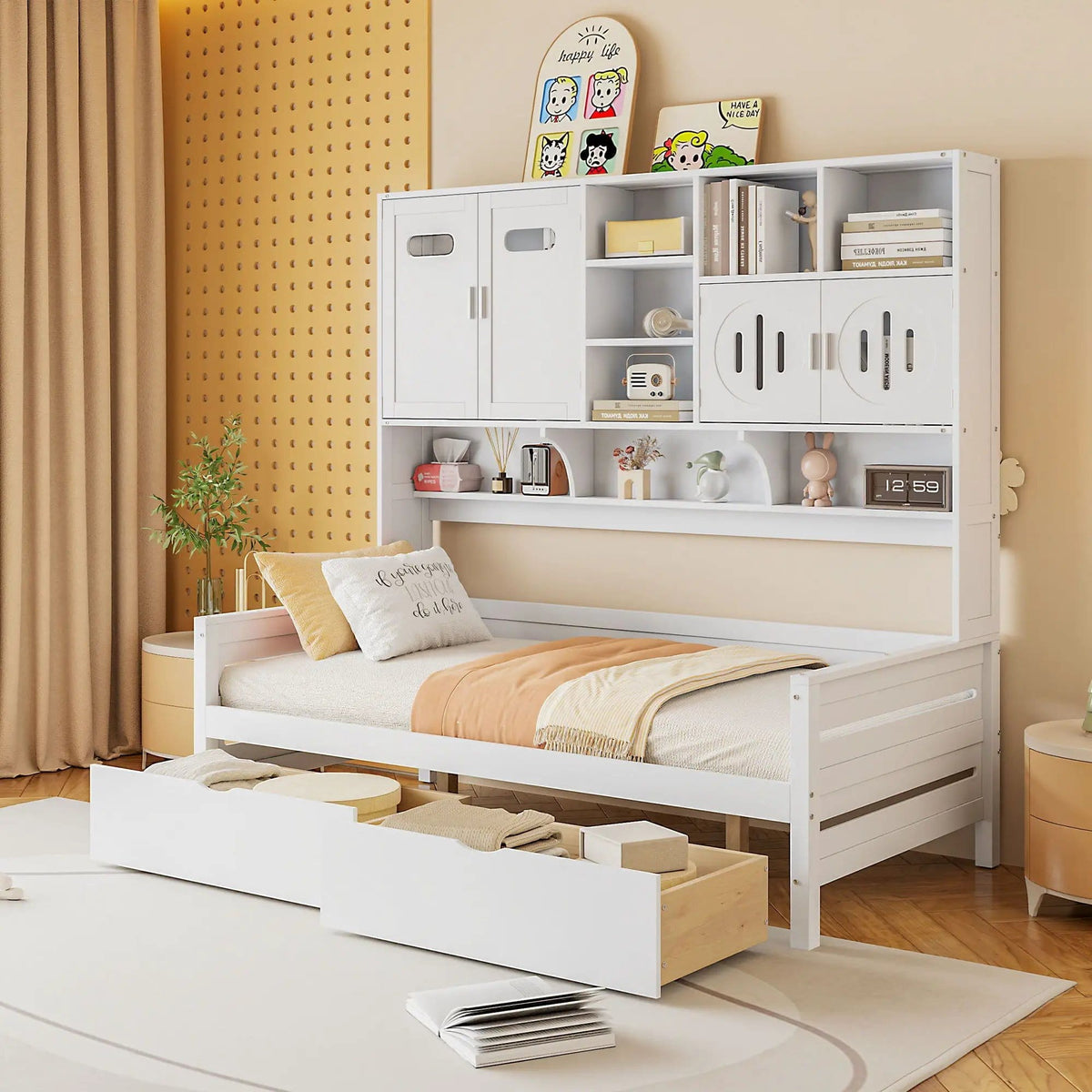 Daybed With All-In-One Cabinet And Shelf | 2 Pieces | Wood | Bedroom