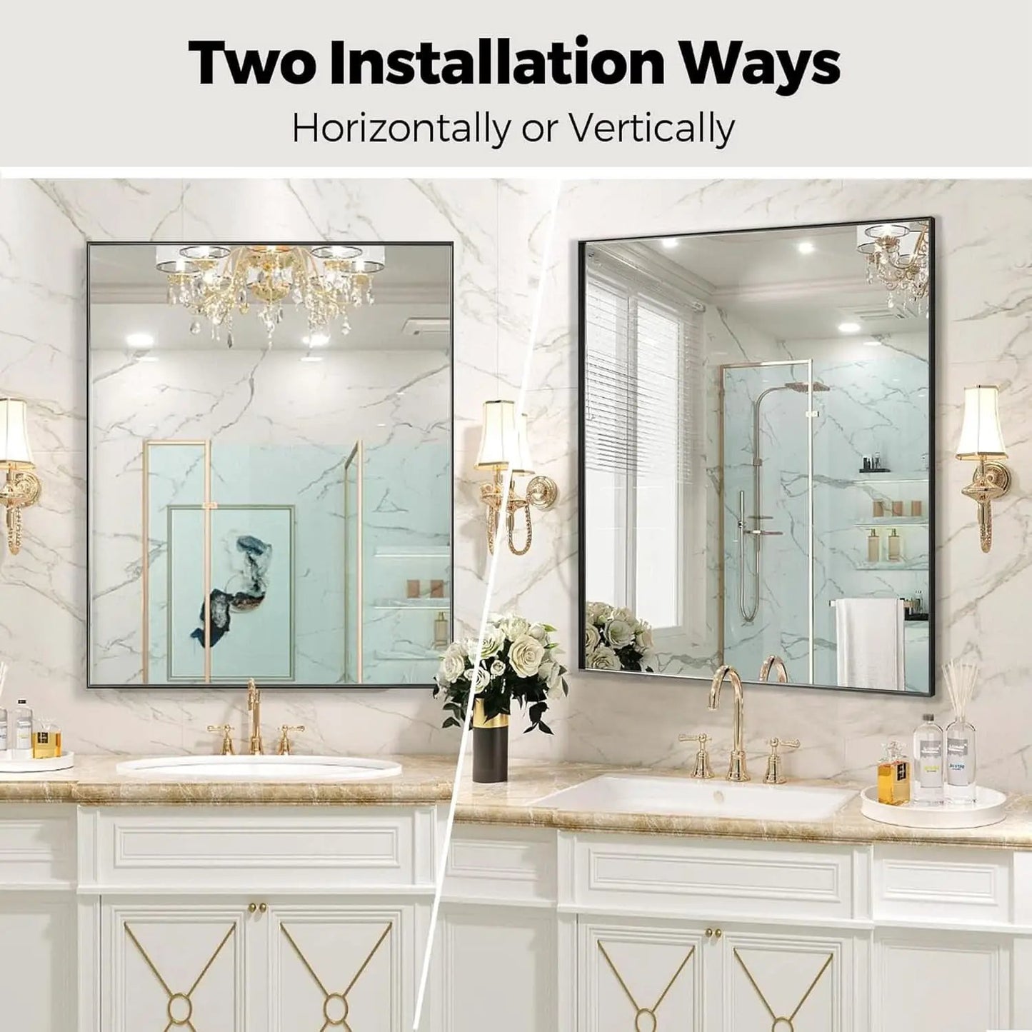 24X32 Inch Black Aluminum Frame Wall Mirror For Bathroom Vanity Horizontal Or Vertical Mount