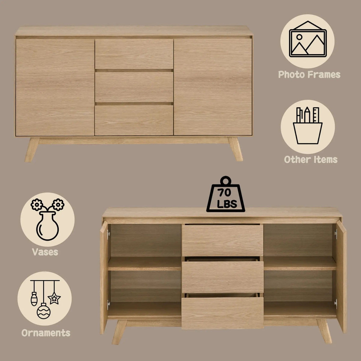 Kasem Server | 18 x 55 x 30 in | Metal | Oak