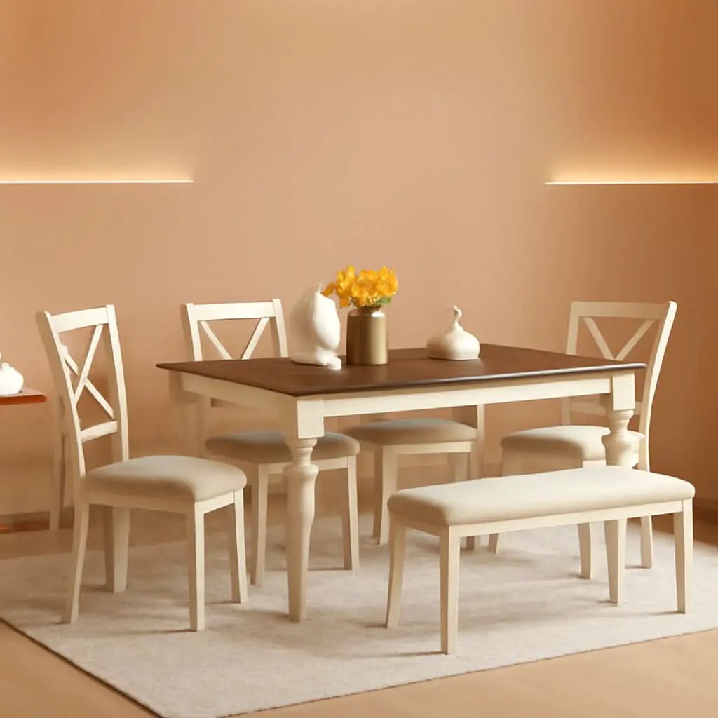Sixty Inch Solid Wood Walnut Finish Dining Table Set Upholstered Chairs from PriceLows™