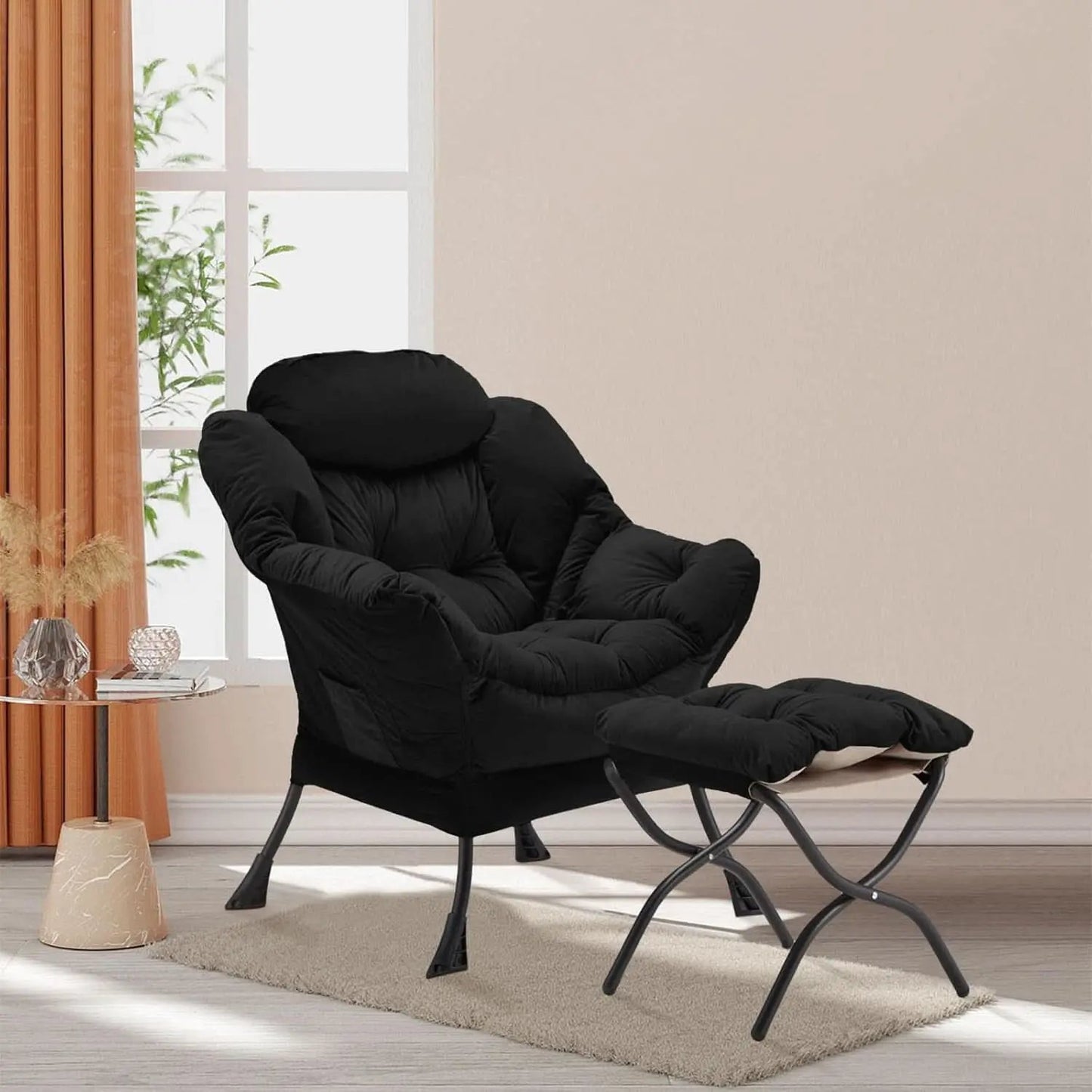 Black Velvet Folding Ottoman Lounge Chair With Footrest from PriceLows™