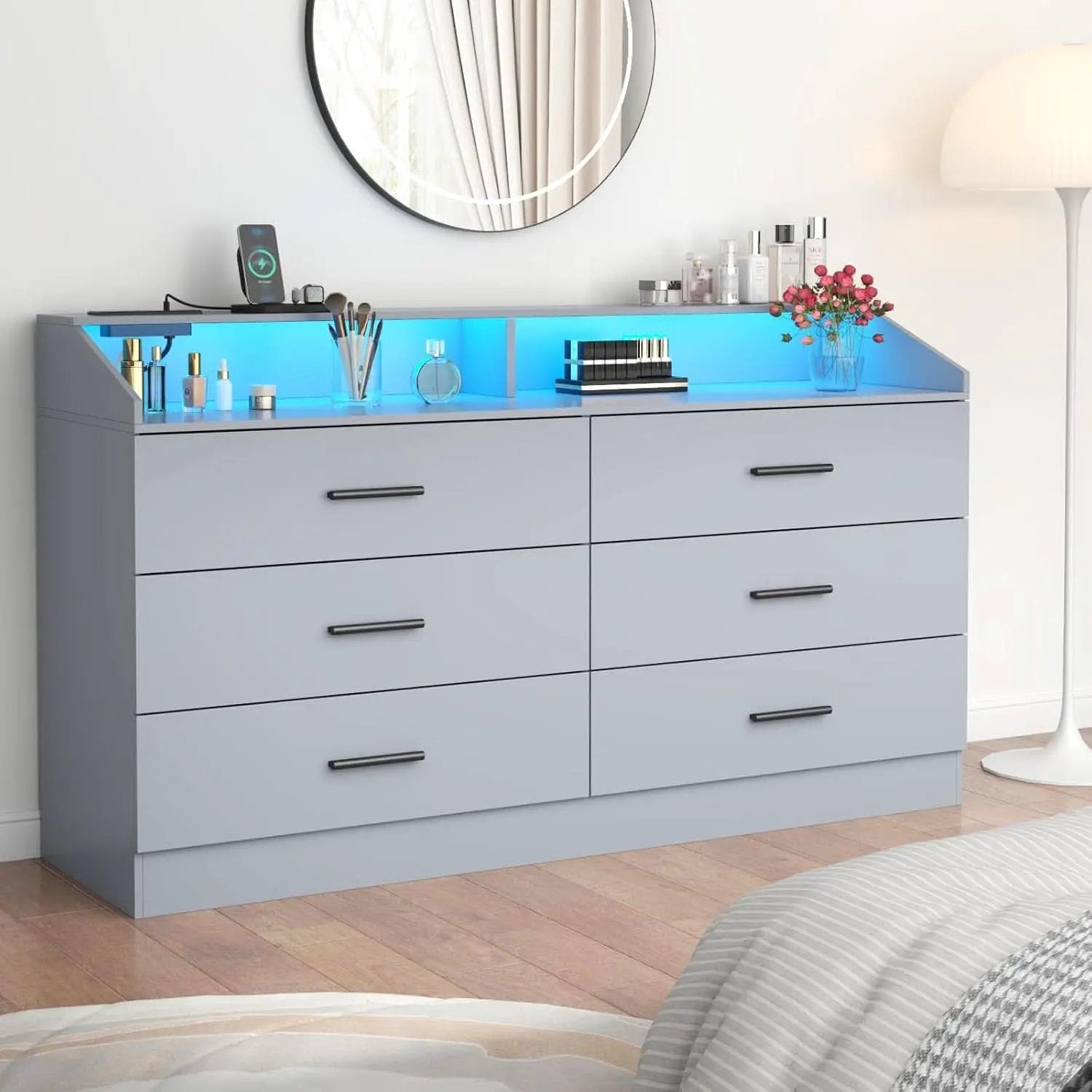 Grey Six Drawer Dresser With Power Outlet And USB Ports from PriceLows™