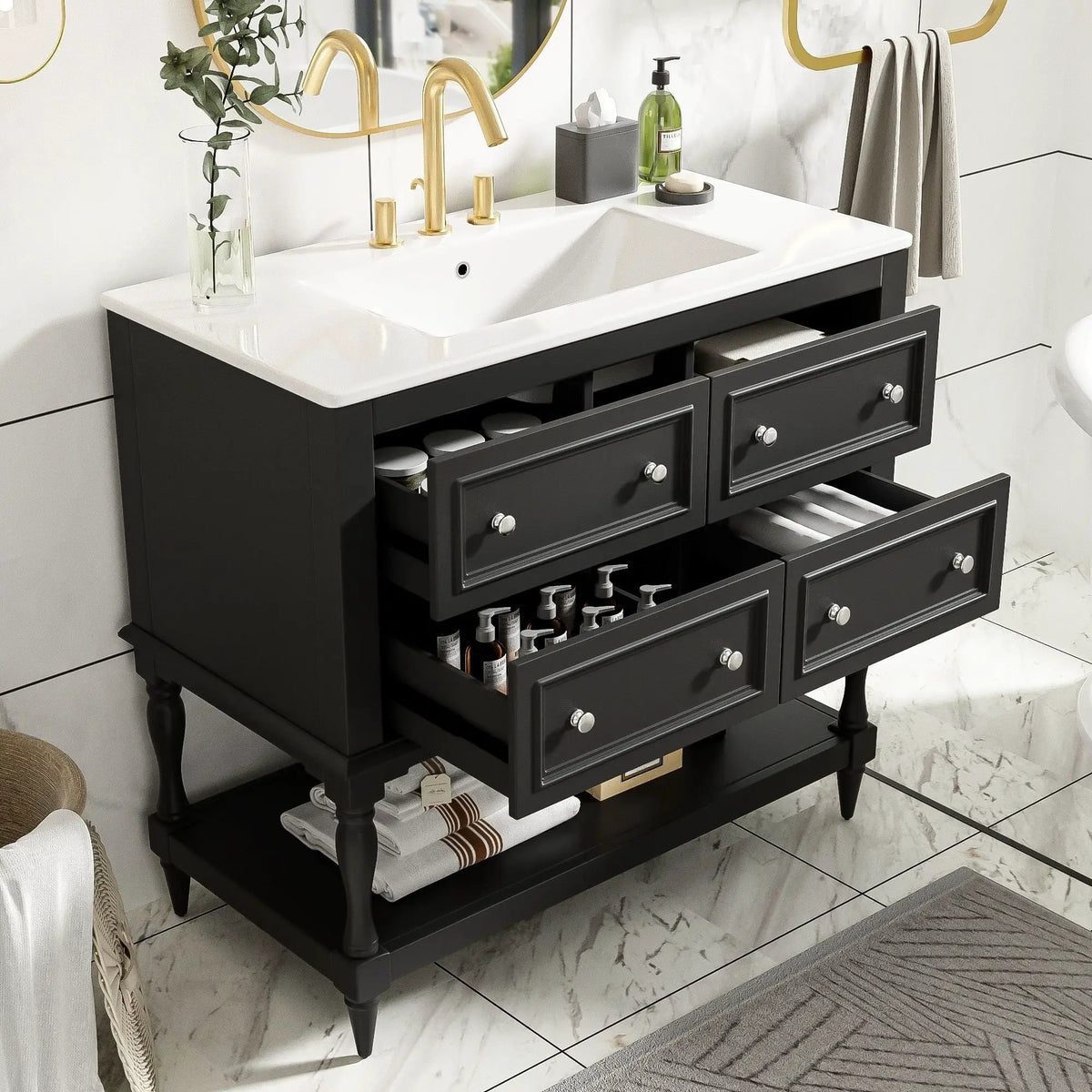 36 Inch Bathroom Vanity With Undermount Sink | 4 Extension Drawers | Solid Wood Frame | Ceramic Sink