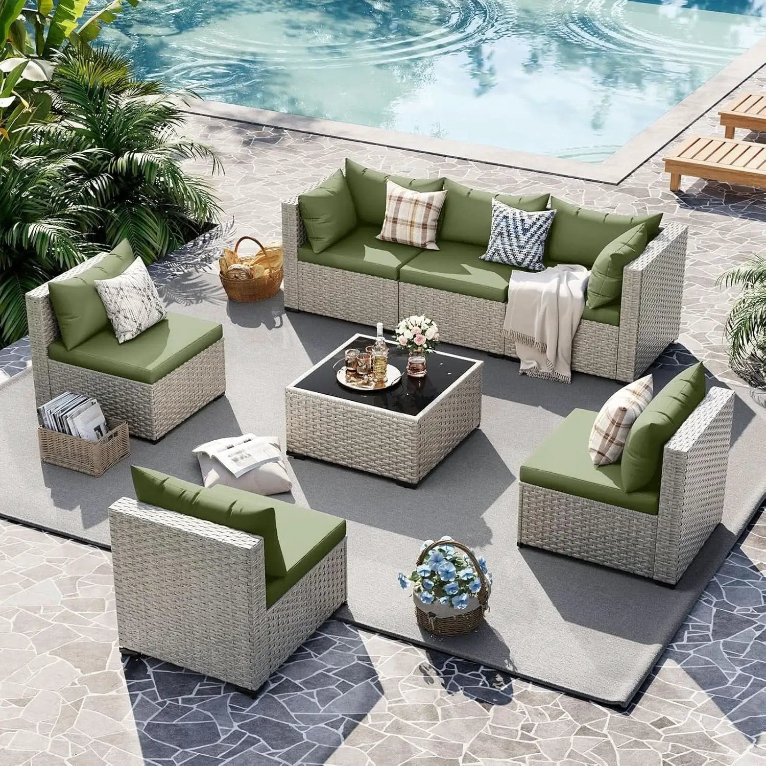 Patio 7 Piece PE Wicker Sectional Sofa Set Table Green from PriceLows™
