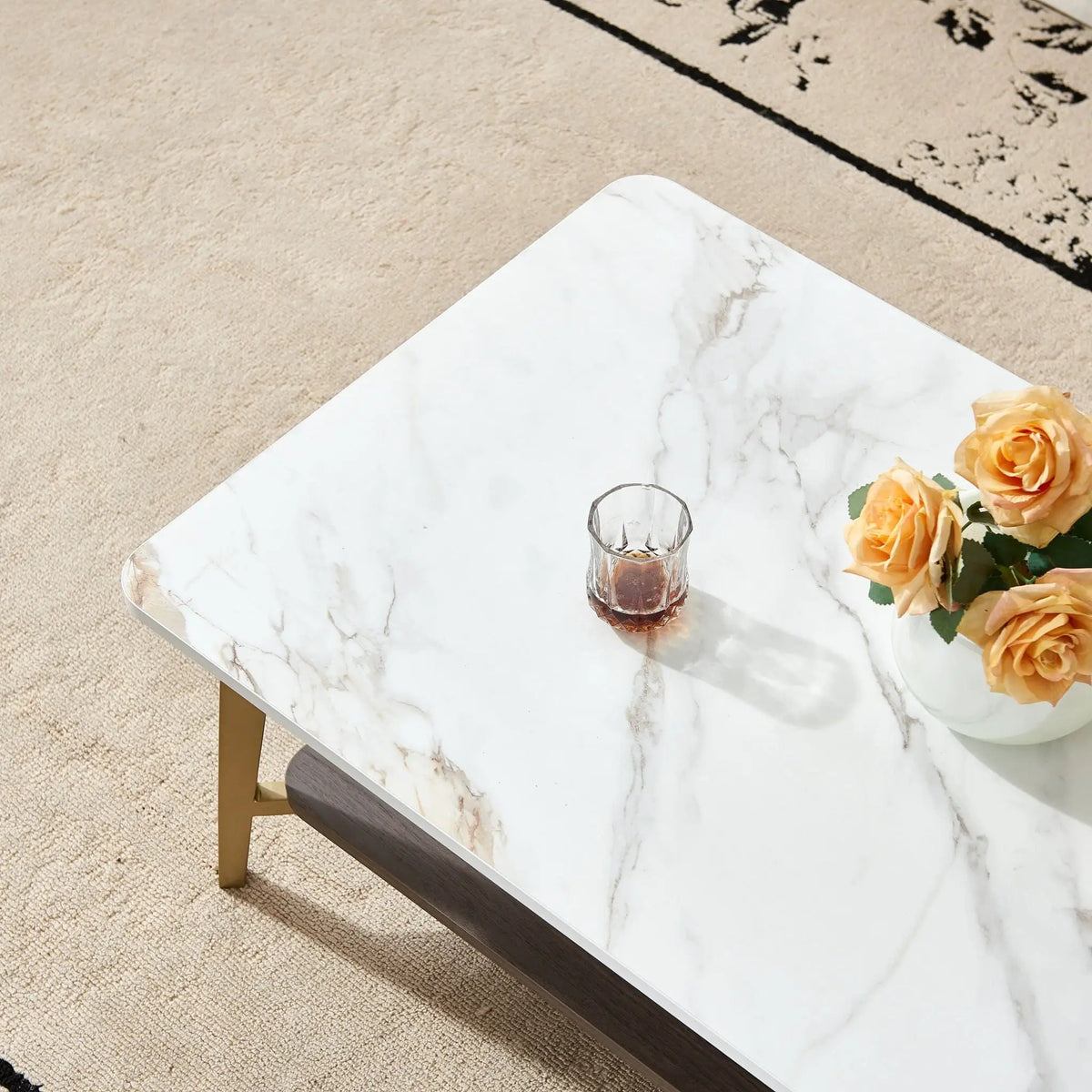 Rectangular Coffee Table | Open Space Design | Golden Metal Frame | MDF Board