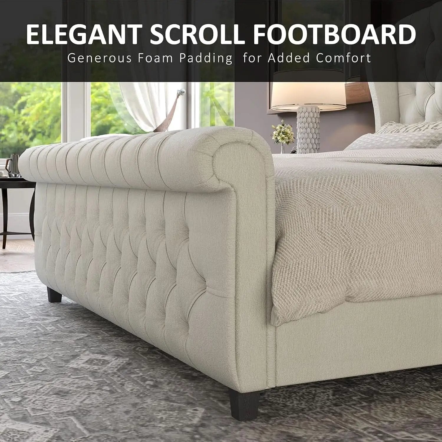 Queen Size Chenille Upholstered Sleigh Platform Bed with Button Tufted Headboard from PriceLows™