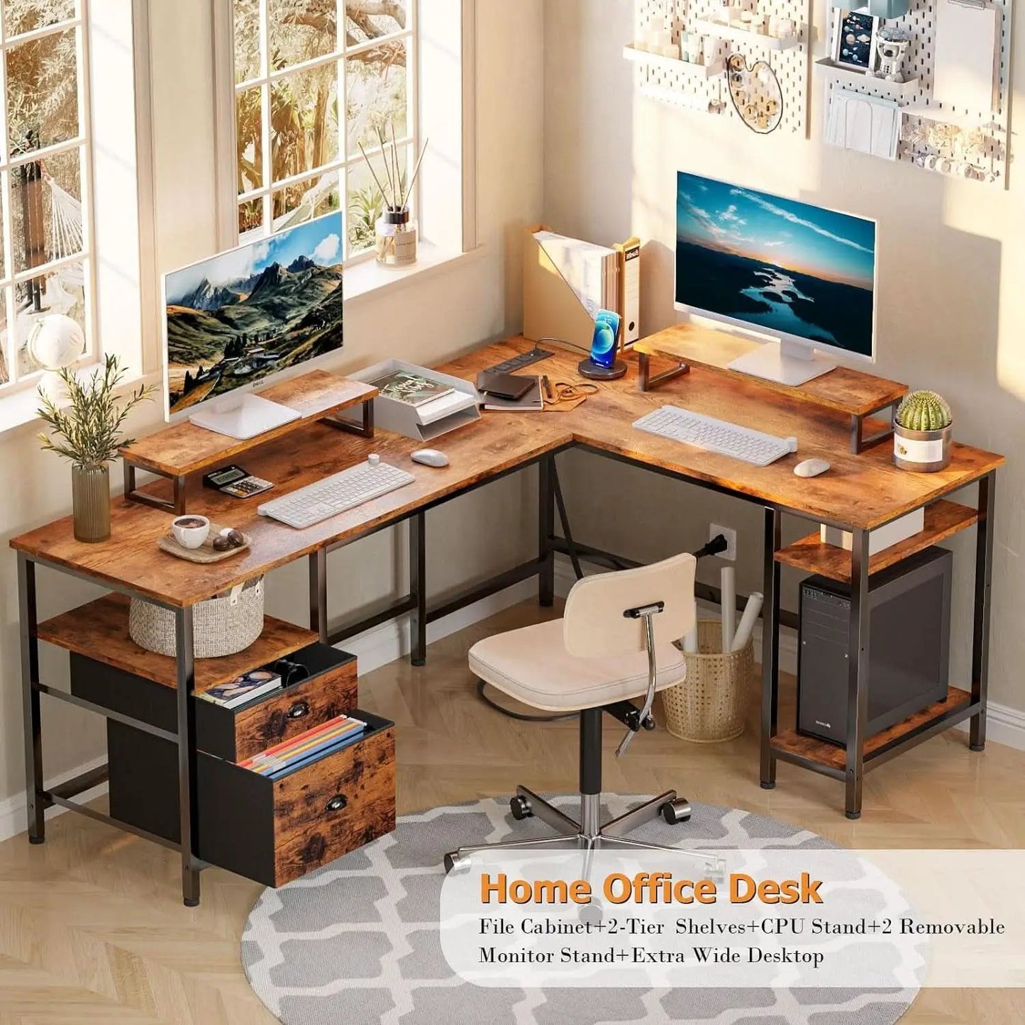 66 Inch Rustic Brown L Shaped Desk With Power Outlet from PriceLows™