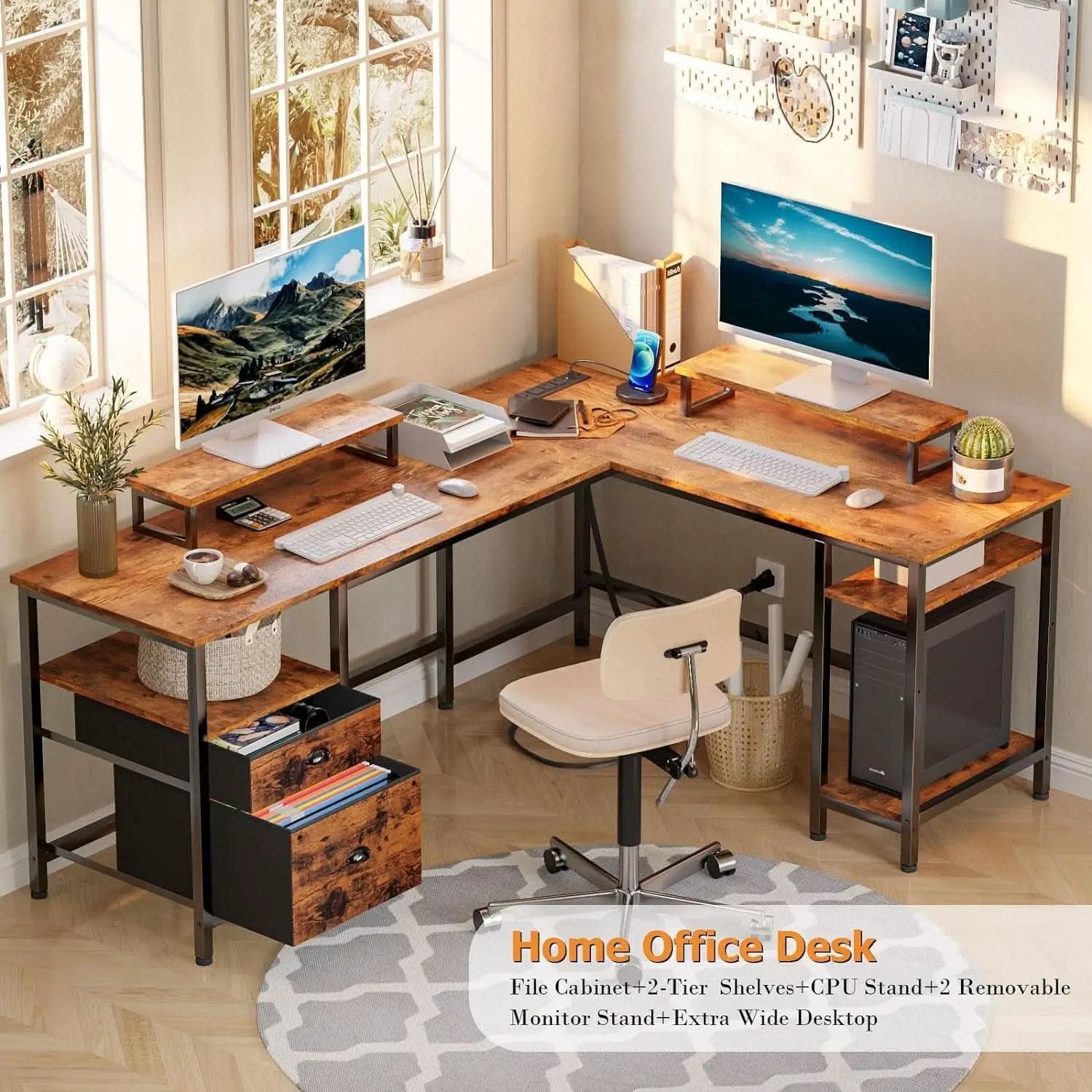 66 Inch Rustic Brown L Shaped Desk With Power Outlet from PriceLows™