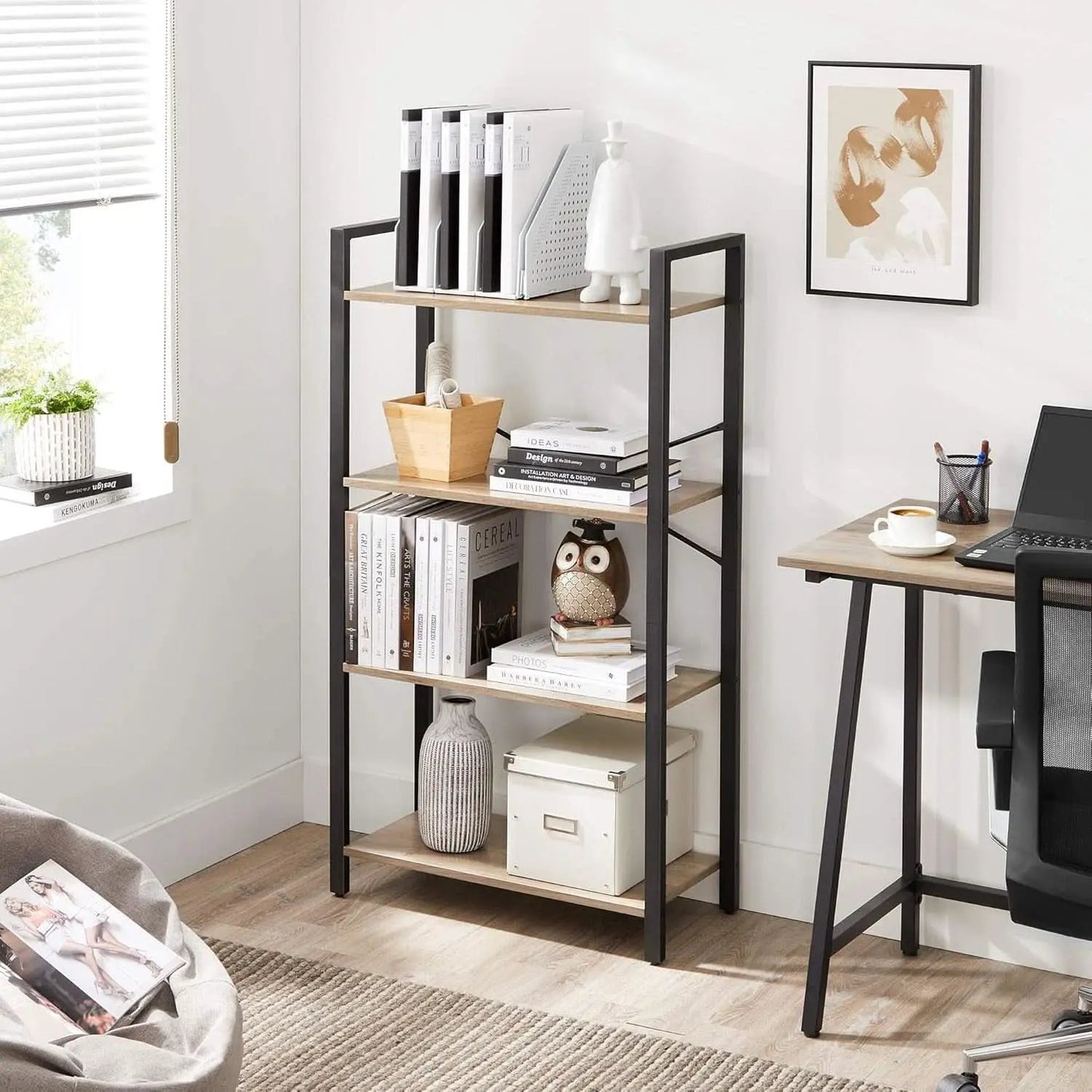 Four Tier Tall Bookshelf With Steel Frame Greige Black