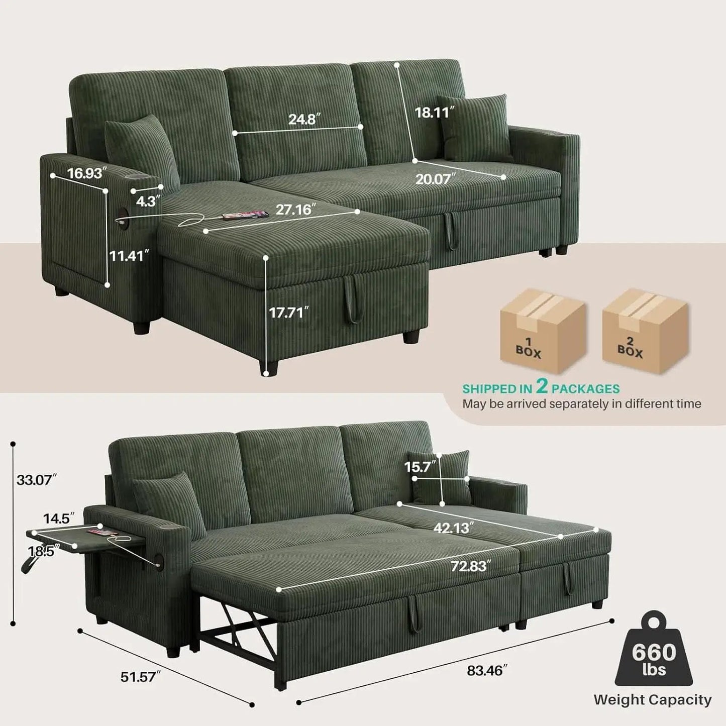 Luxurious Corduroy Green 83-Inch Sleeper Sectional Sofa from PriceLows™