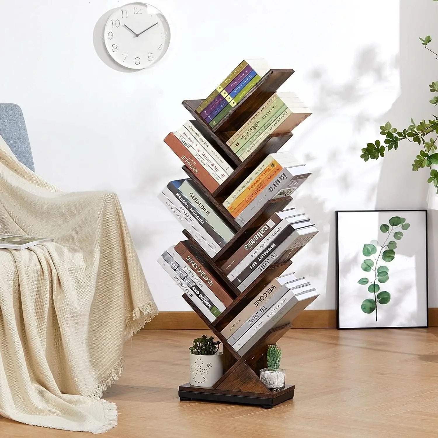 8 Tier Tree Bookshelf Floor Standing Bookcase For Books CDs Rustic Wood from PriceLows™