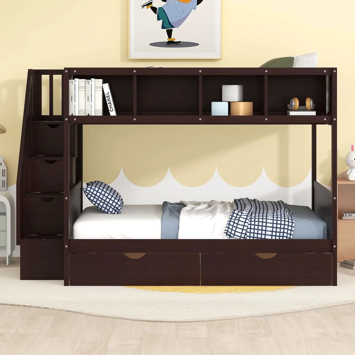 Bunk Bed With Shelfs, Storage Staircase And 2 Drawers | 93.2 x 57.5 x 62.4 in | Glass | Bedroom