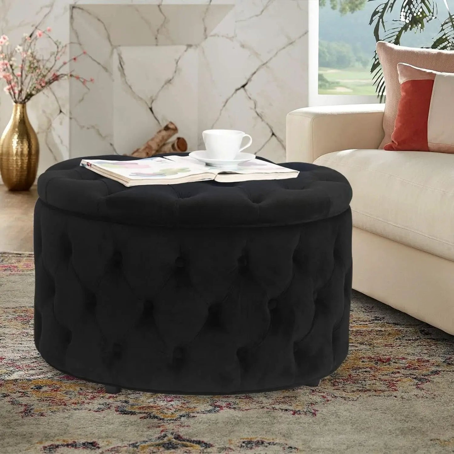 Twenty EightInch Velvety Round Storage Ottoman Black Tufted from PriceLows™