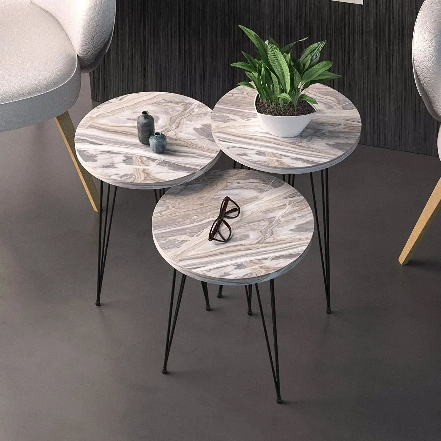 Grey Marble Nesting Tables Set Of 3 Modern Round End Tables from PriceLows™