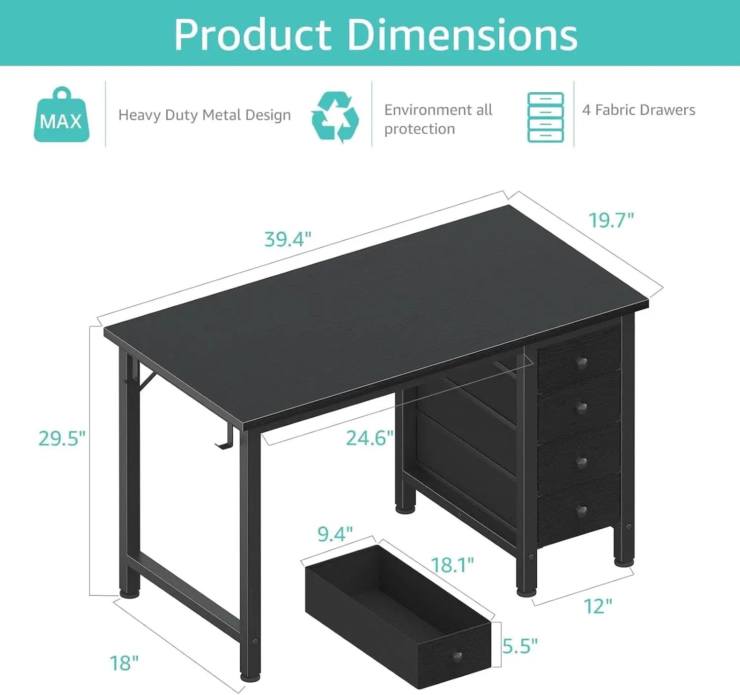 40 Inch Small Gaming Desk With Fabric Drawers Black from PriceLows™