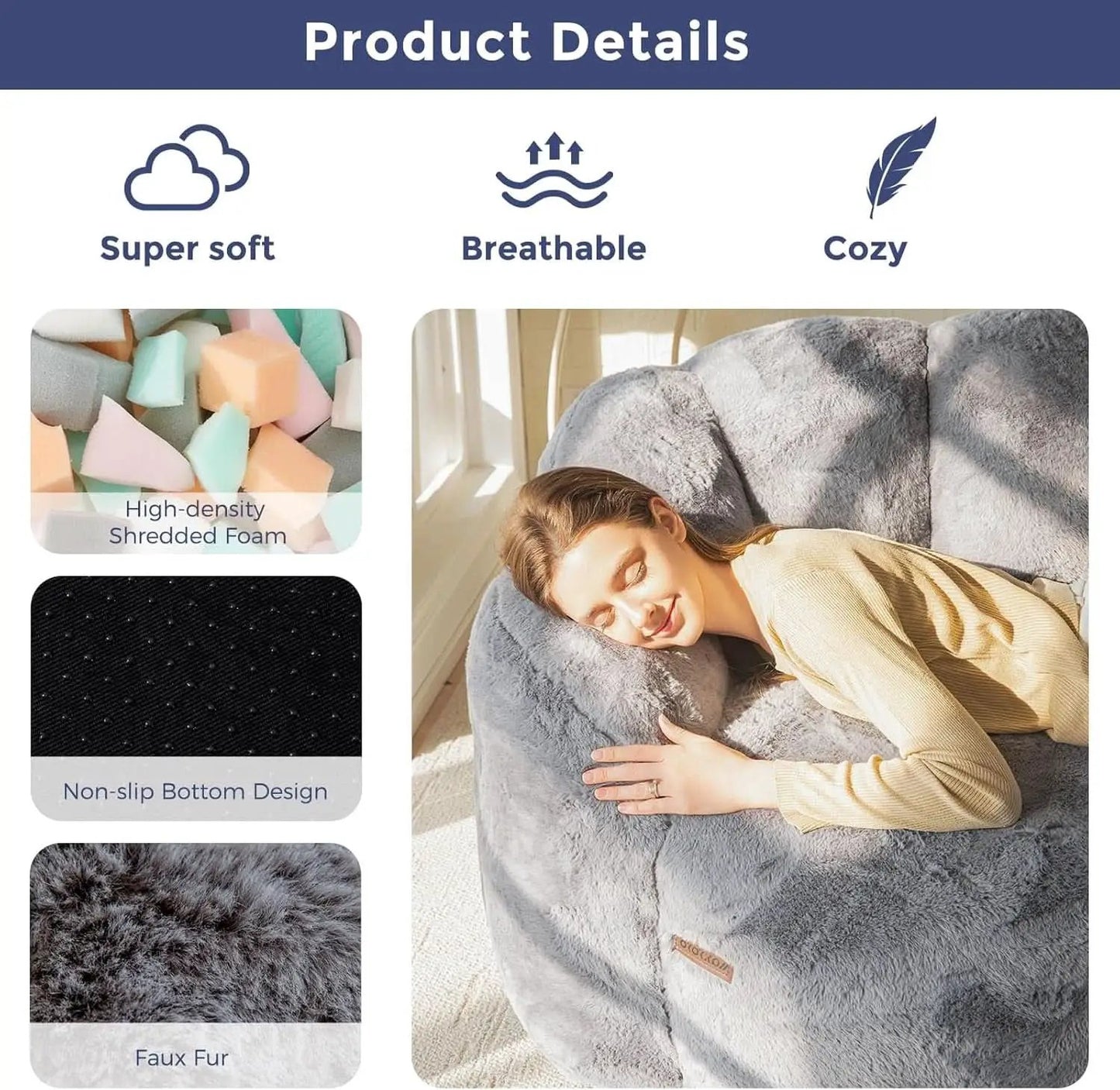 Dark Grey Floral Faux Fur Bean Bag Chair For Adults from PriceLows™
