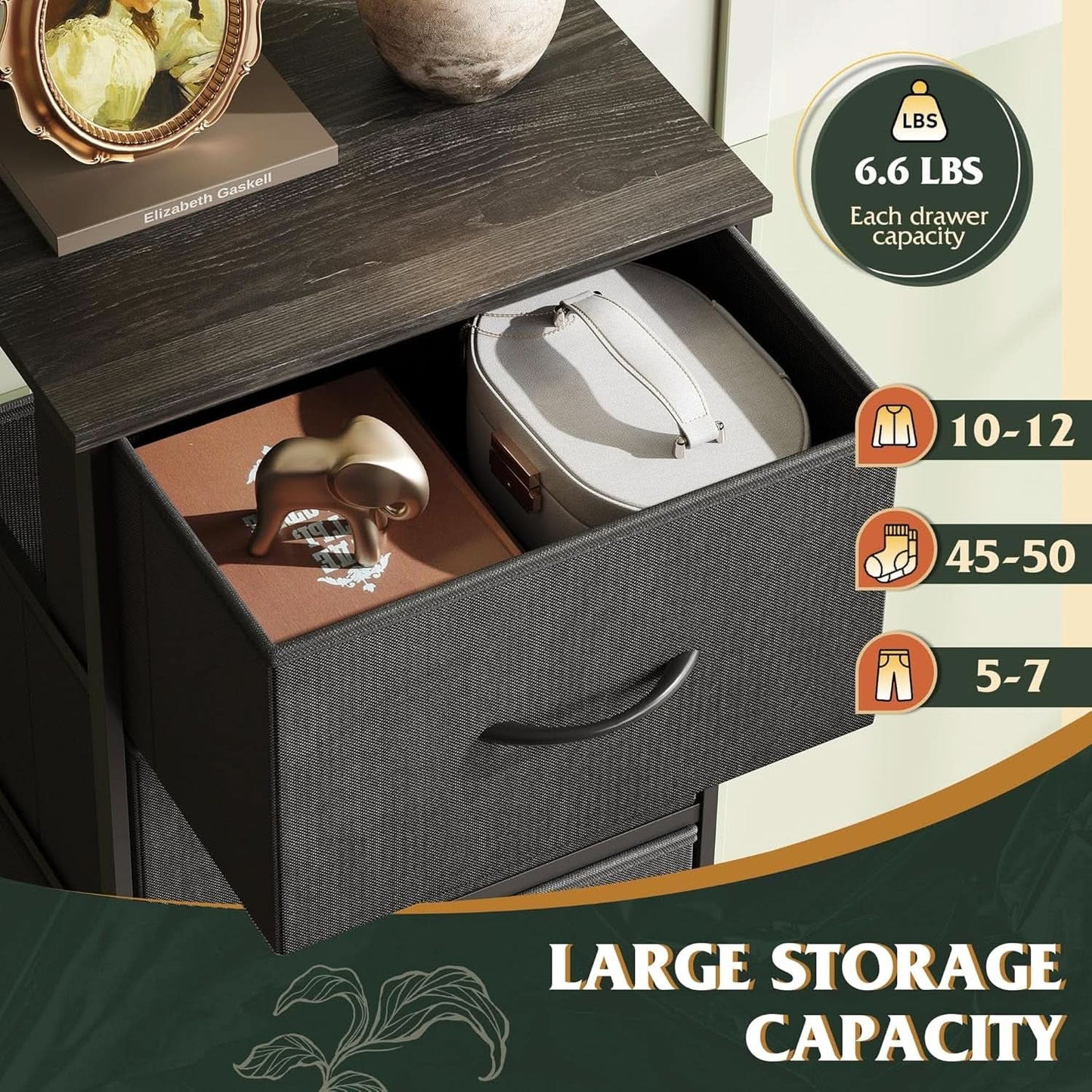 Fabric Dresser 5 Drawer Tall Storage Charcoal Black from PriceLows™