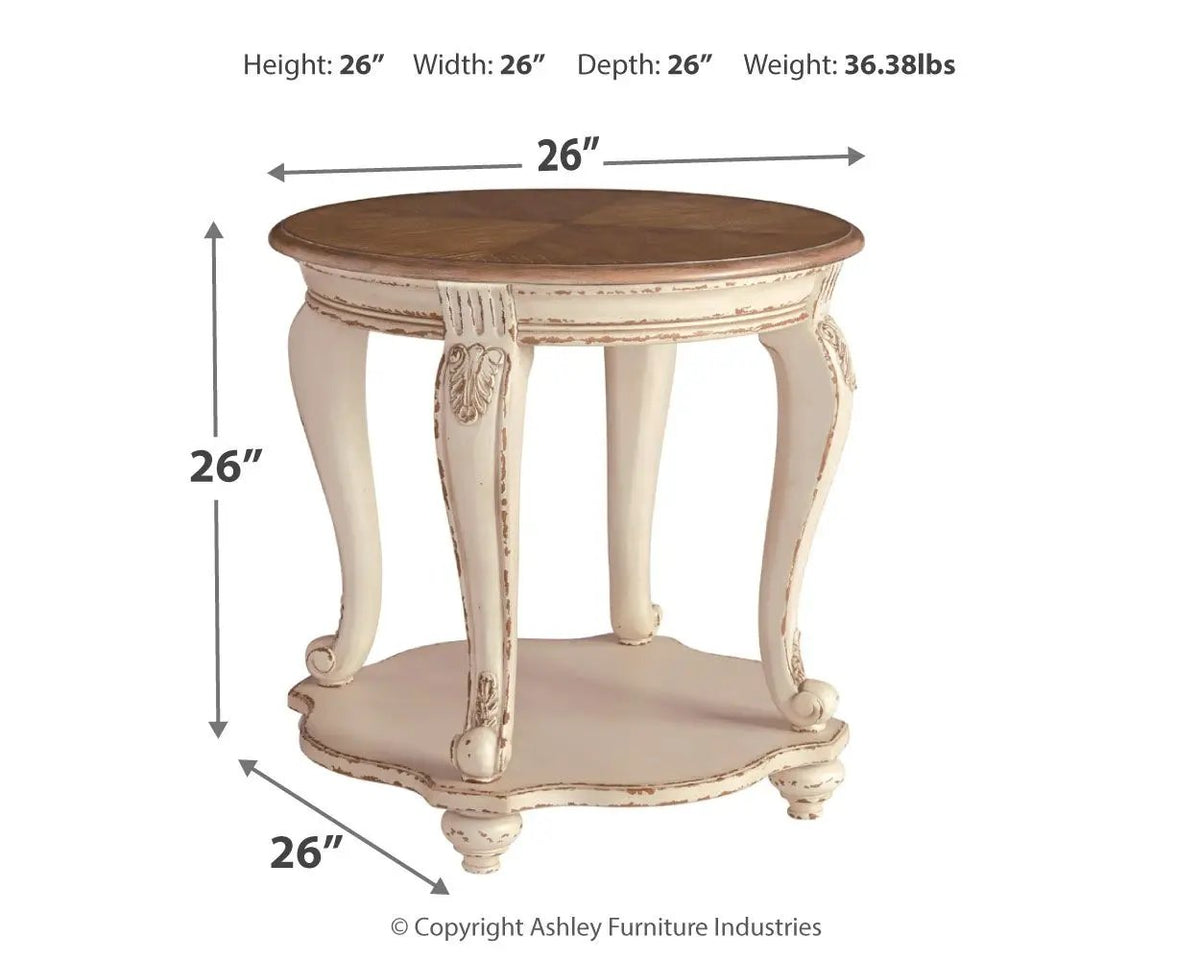 Realyn Round End Table | White And Brown | Antiqued Two-Tone Finish | Ash Veneer