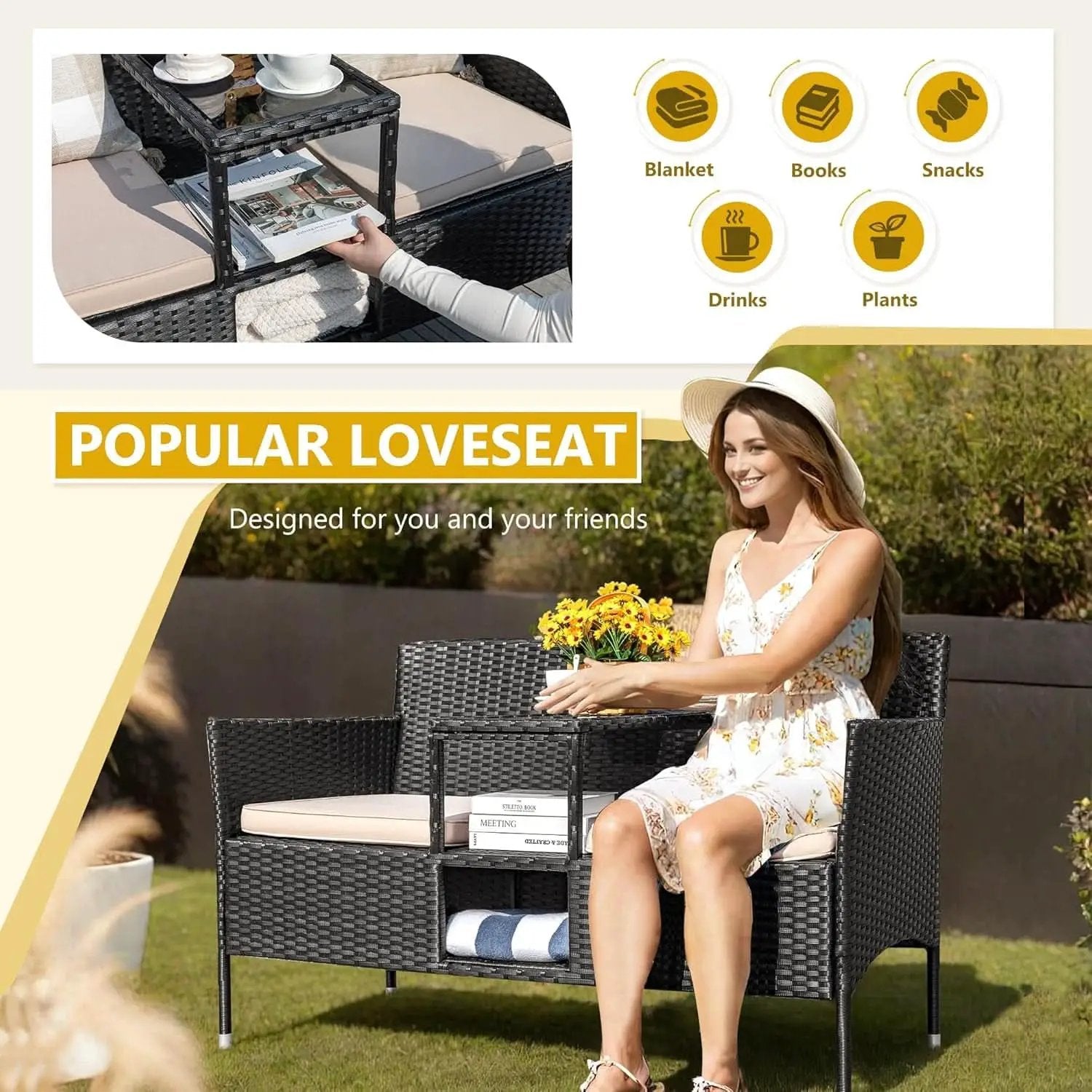 Outdoor Patio 2 Seat Loveseat Set With Built Table Beige from PriceLows™