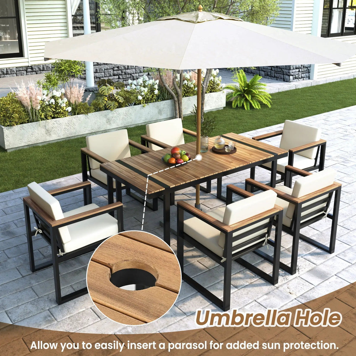 7-Piece Outdoor Dining Set | Acacia Wood And Steel Frame | Removable Cushions | Patio Table And Chairs