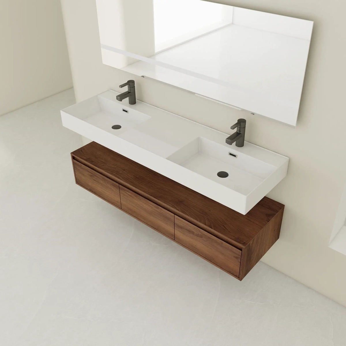Contemporary Wall Mounted Bathroom Vanity With Dual Resin Sink And Soft Close Drawer | 2 Pieces | Plywood & Resin | Bathroom