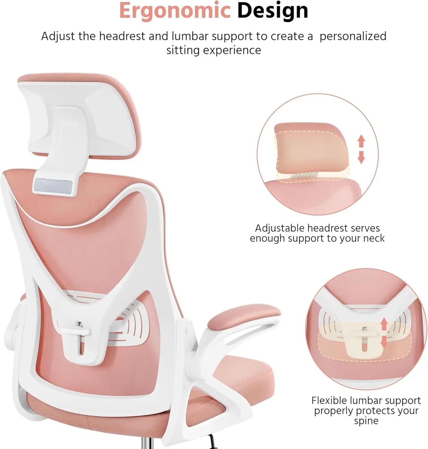 Ergonomic Office Chair High Back Mesh White Pink Lumbar from PriceLows™