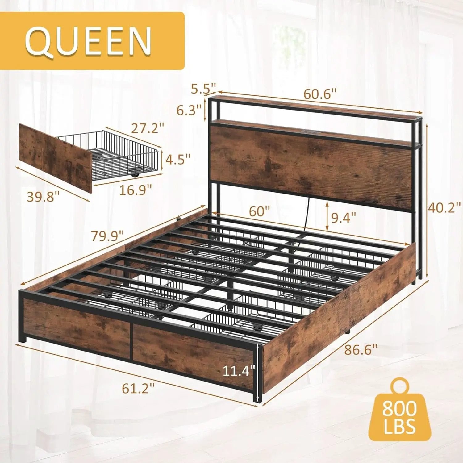 Queen Metal Platform Bed With Storage Headboard And Drawers from PriceLows™