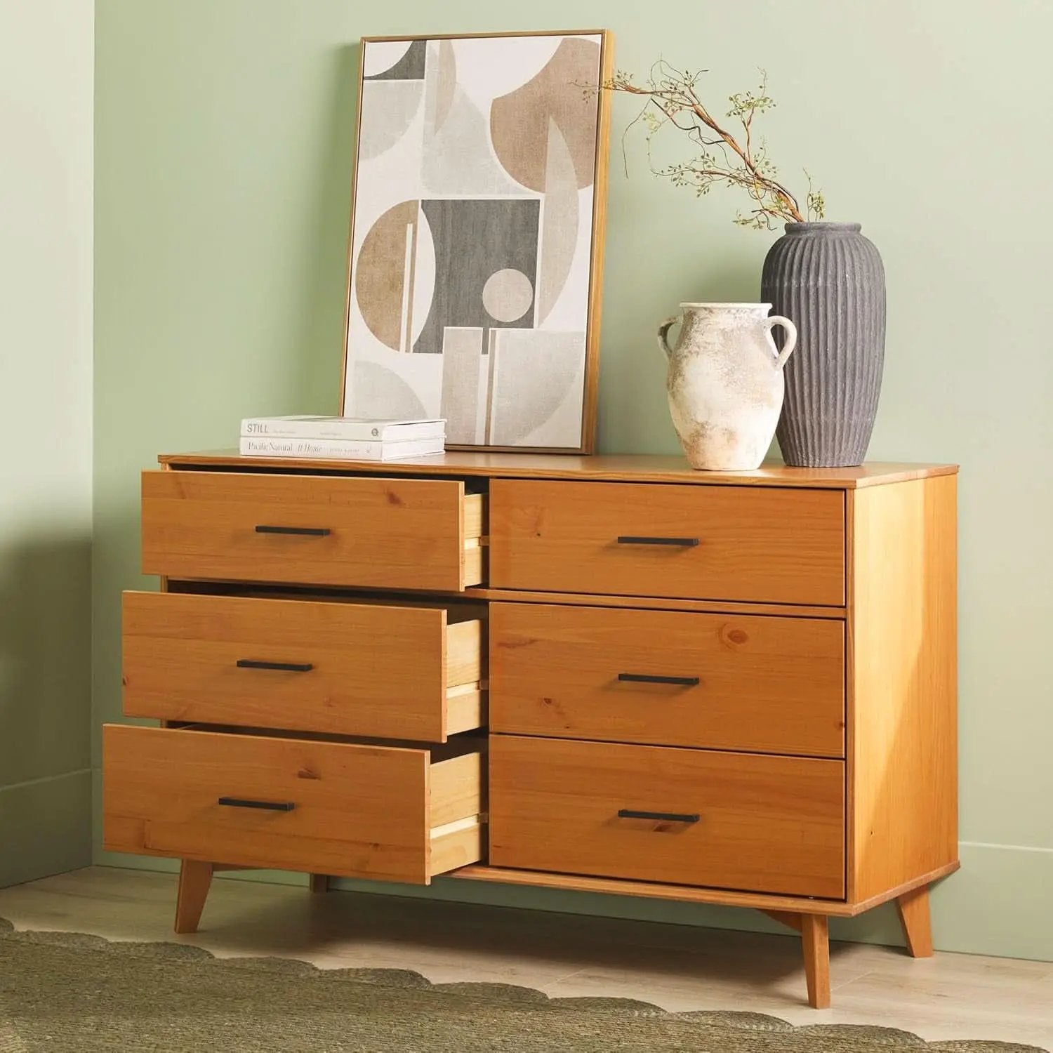 Walker Edision 6-Drawer Dresser In Solid Pine Wood With Metal Handles Caramel from PriceLows™