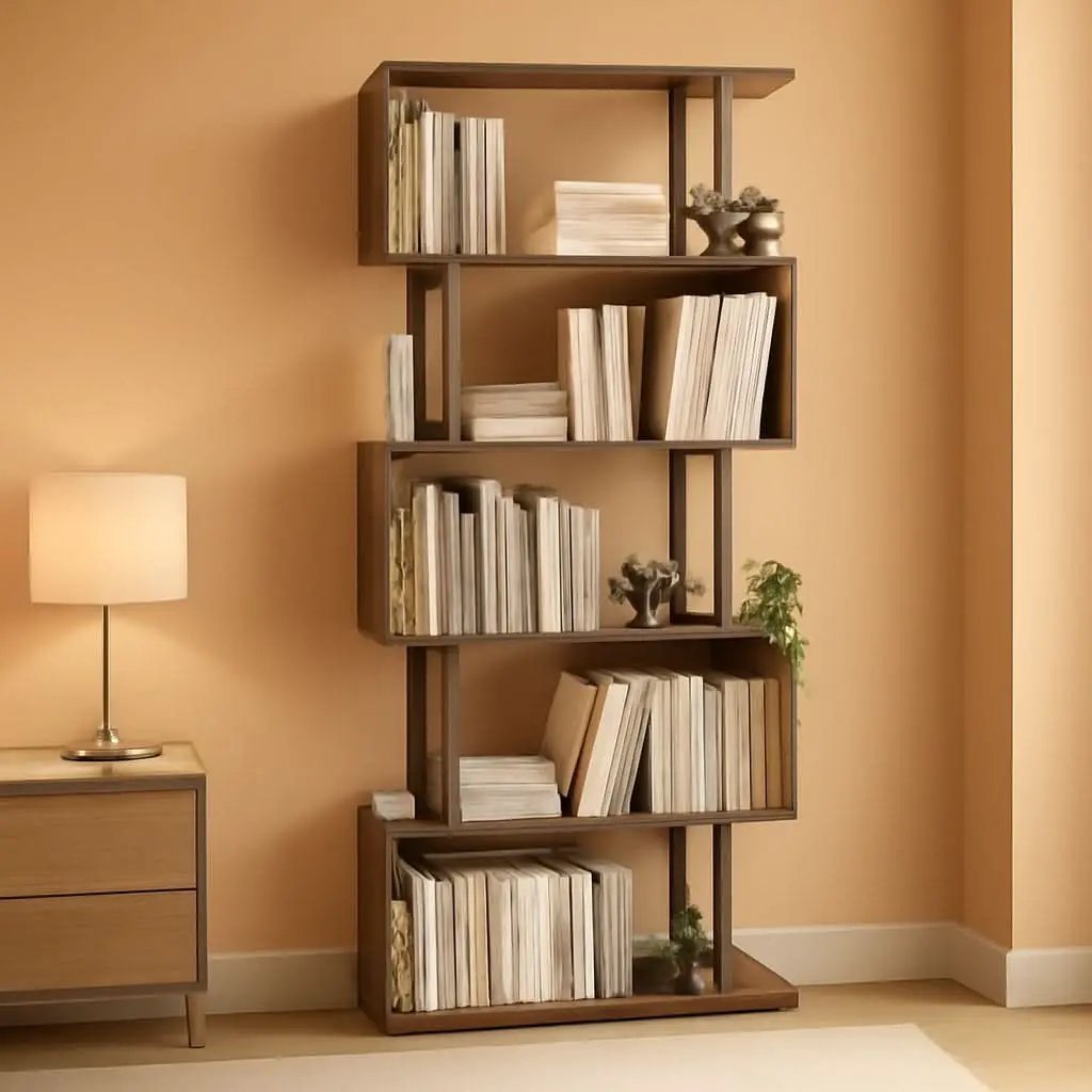 5-Tier S Shaped Bookcase In Rustic Brown Wood Shelving from PriceLows™