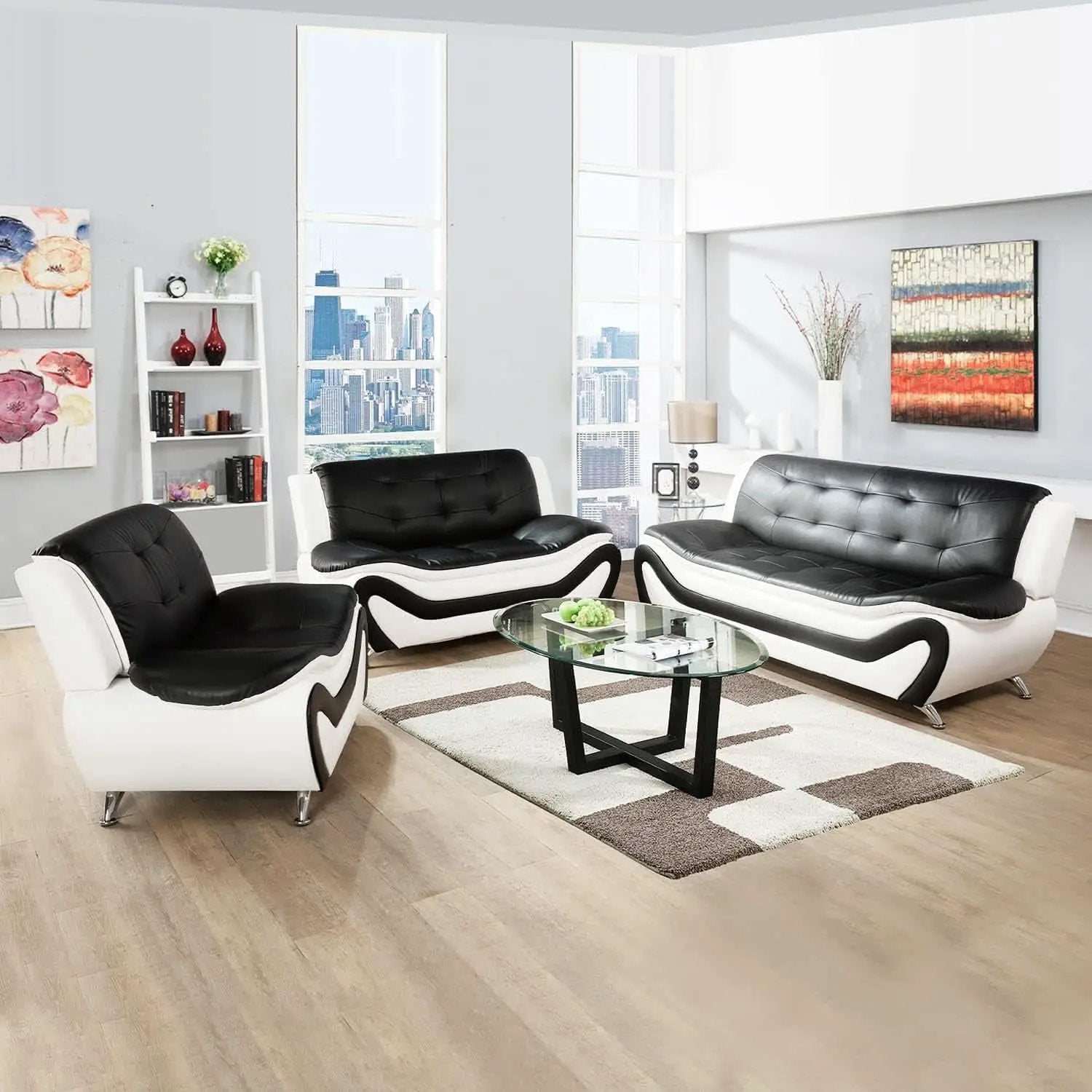 Living Room Faux Leather Sofa Set 3 Piece Black White from PriceLows™