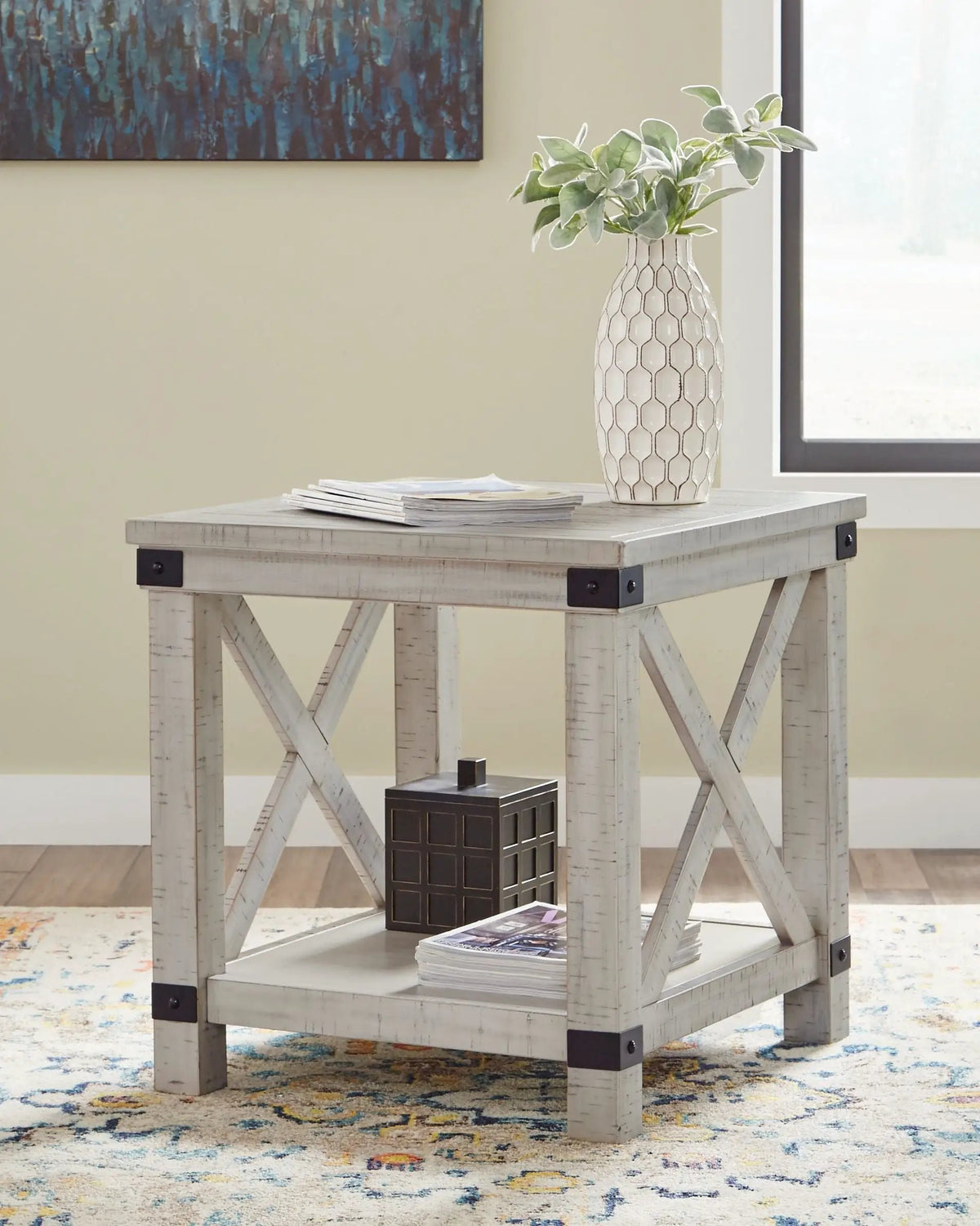 Carynhurst Rectangular End Table | Whitewash Finish | Pine Wood And Acacia Veneer | Distressed Look