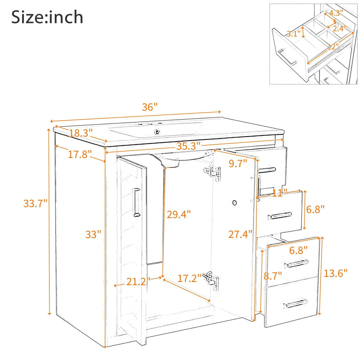 36 Inch Bathroom Vanity | Ceramic Sink Combo | 3 Drawers | Soft Closing Doors
