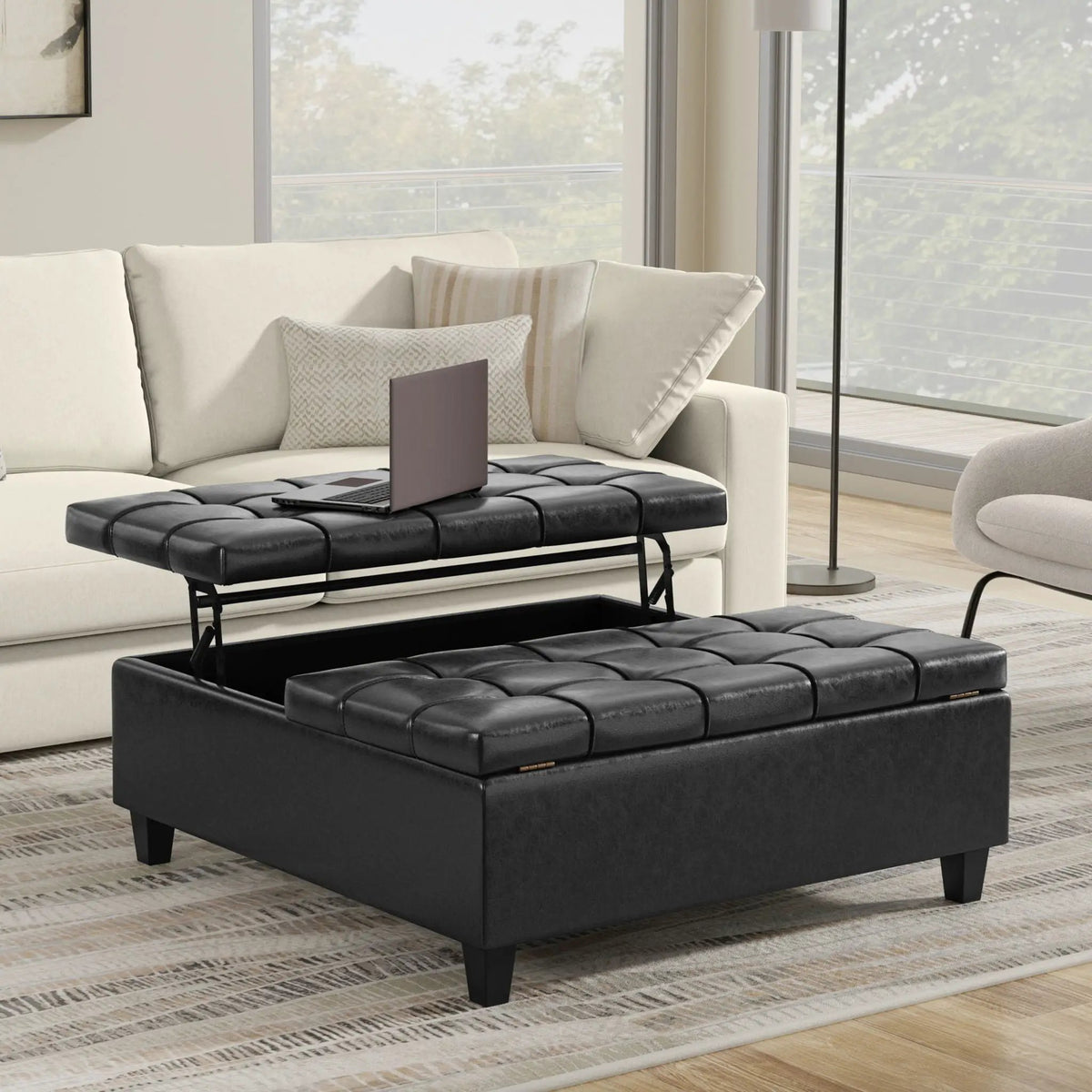 Coffee Table Storage Ottoman | Lift Top Hinge | Solid Wood Base | Large Square
