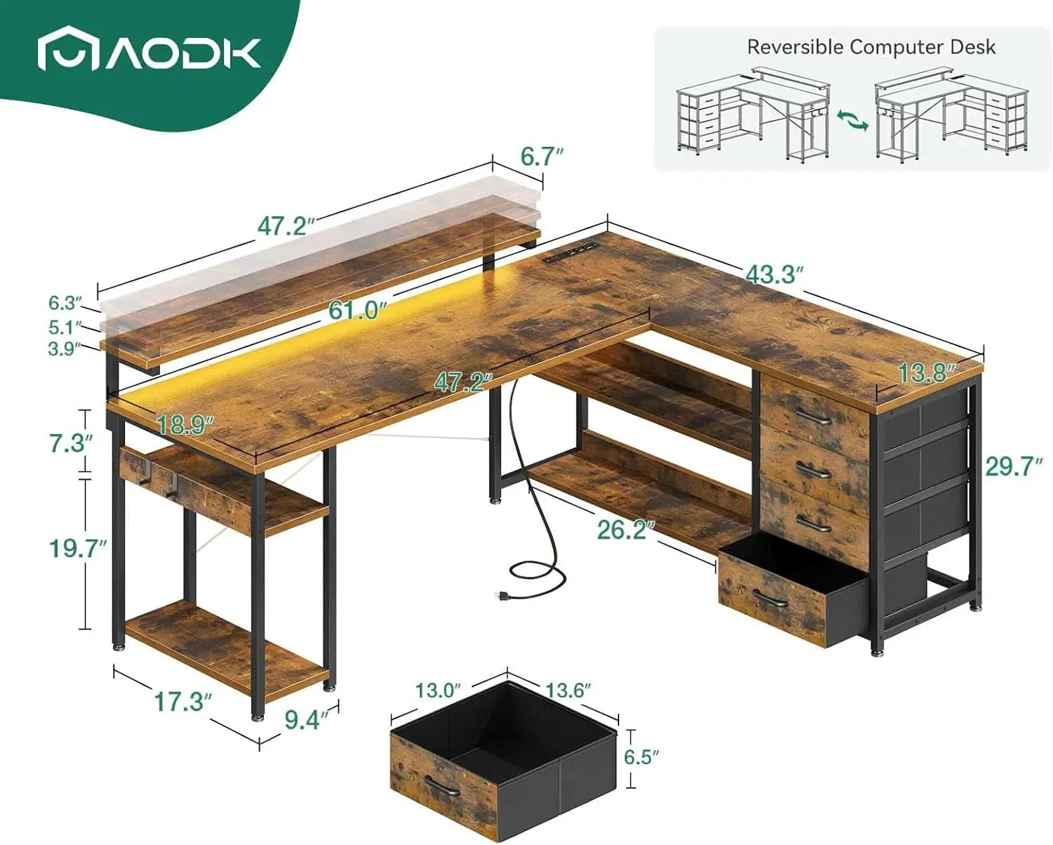 61 Inch L Shaped Desk With Power Outlets And LED Lights from PriceLows™