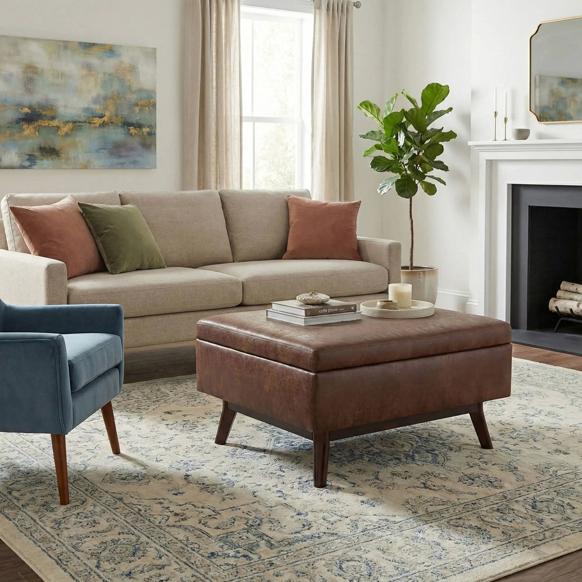 Storage Ottoman | Rectangular Design | Solid Wood Frame | Lift Top