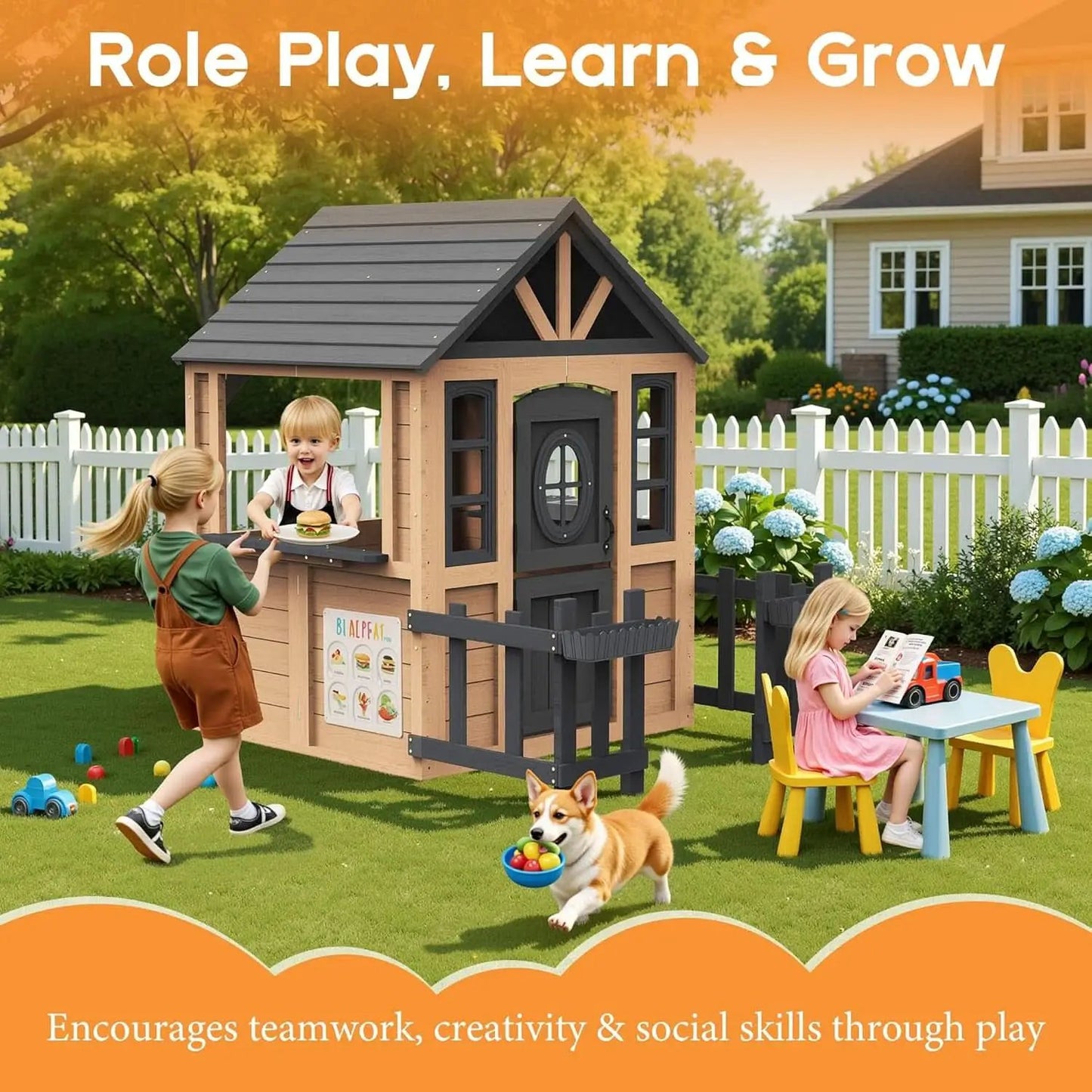 Outdoor Wooden Playhouse With Kitchen Weather proof Roof from PriceLows™