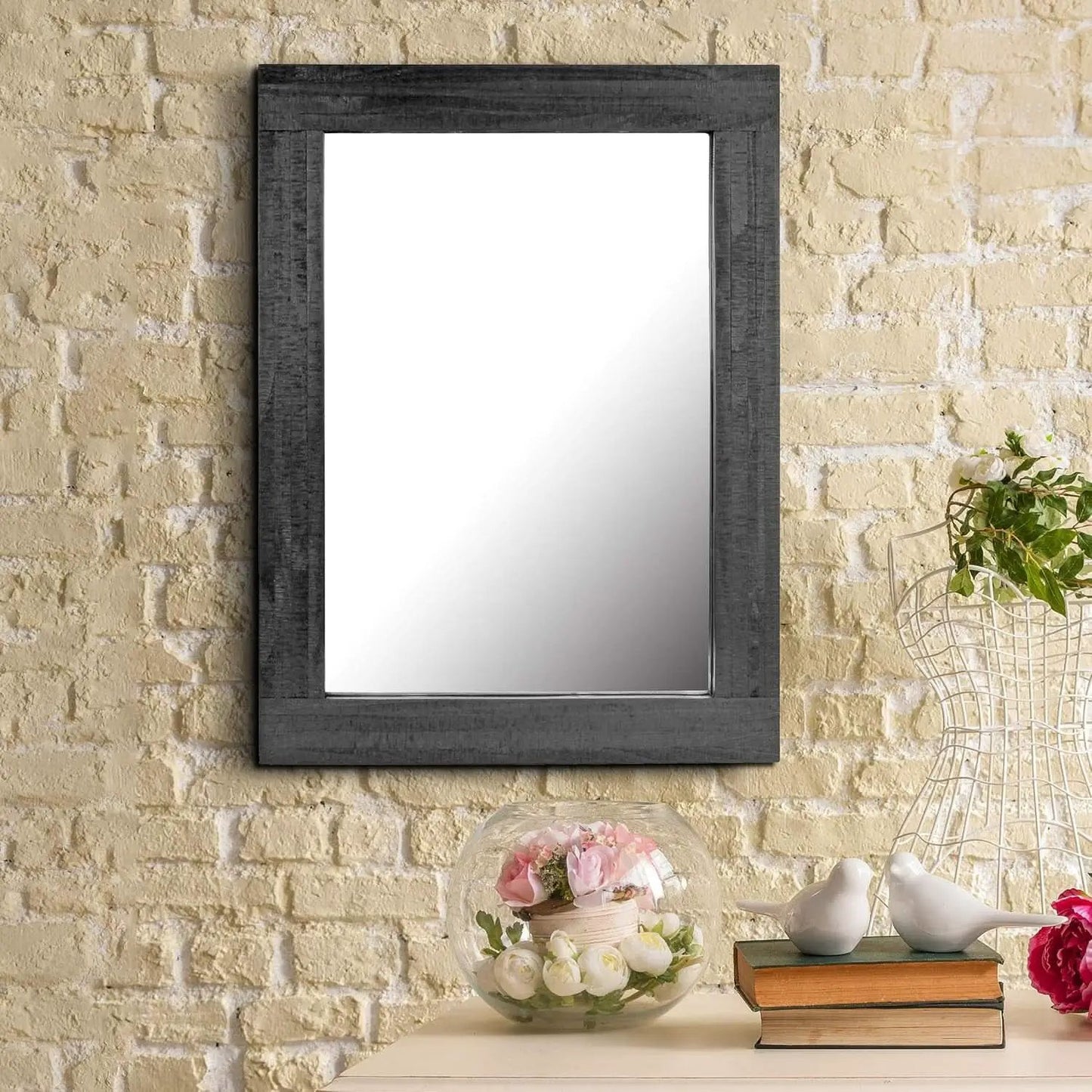 24x18 Inch Rectangle Black Wood Frame Wall Mirror With Attached Hanging Brackets Rustic Decor from PriceLows™