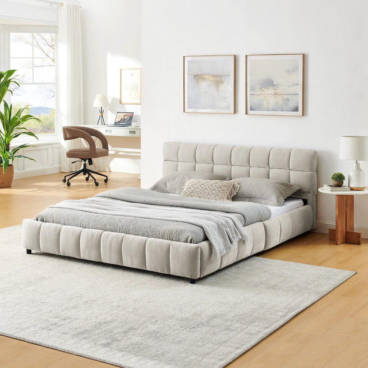 Modern Platform Storage Bed Frame | Thick Fabric Upholstery | Soft Headboard | Solid Construction