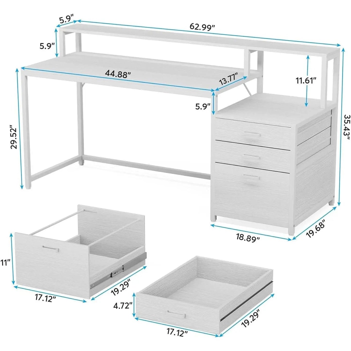 White Computer Desk With File Cabinet And Monitor Stand from PriceLows™