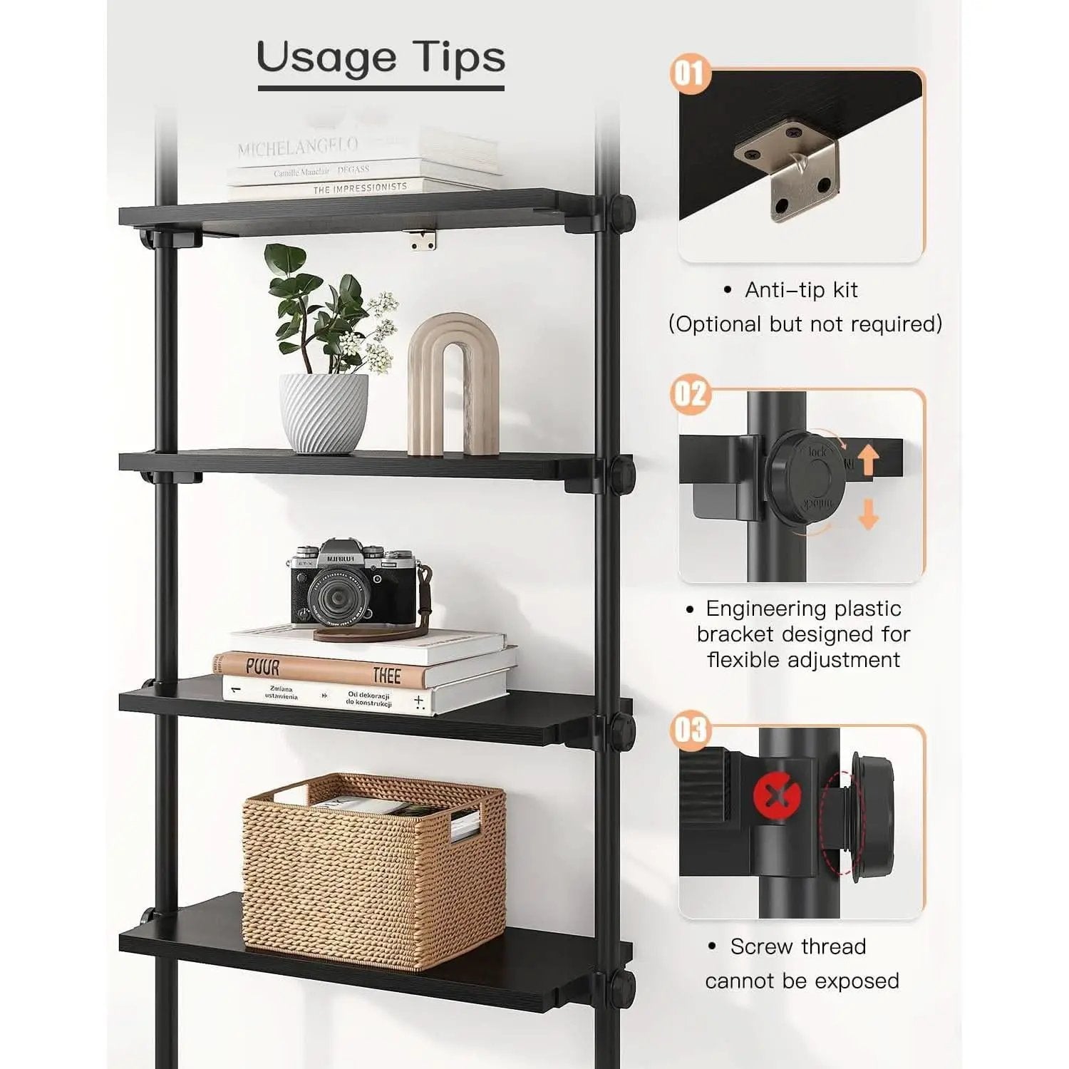 5 Tier Narrow Ladder Bookshelf With Floor To Ceiling Mount from PriceLows™