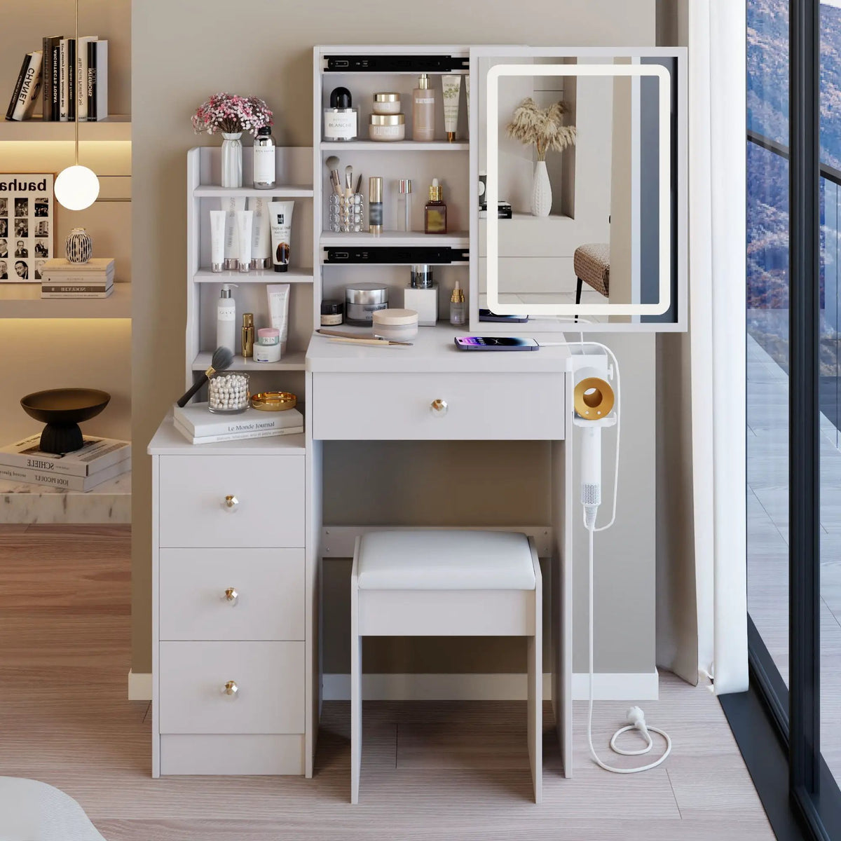Vanity Table | Touch Led Mirror | Usb Power Hub | White