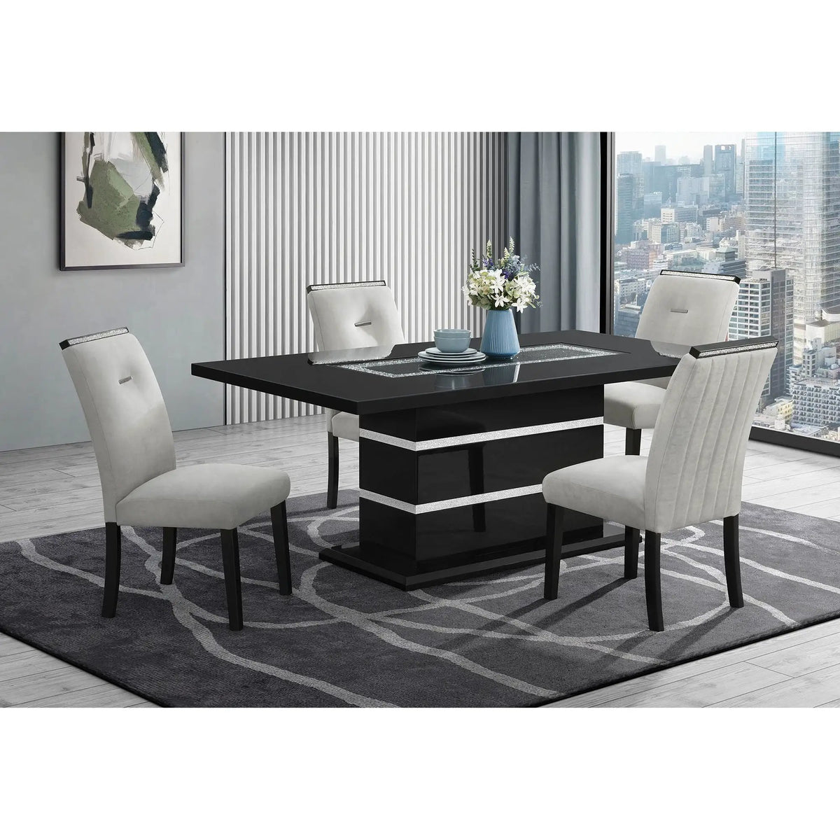 Ariya Dining Table | 79 Inch Width | High Gloss Finish | Glitter Detailing