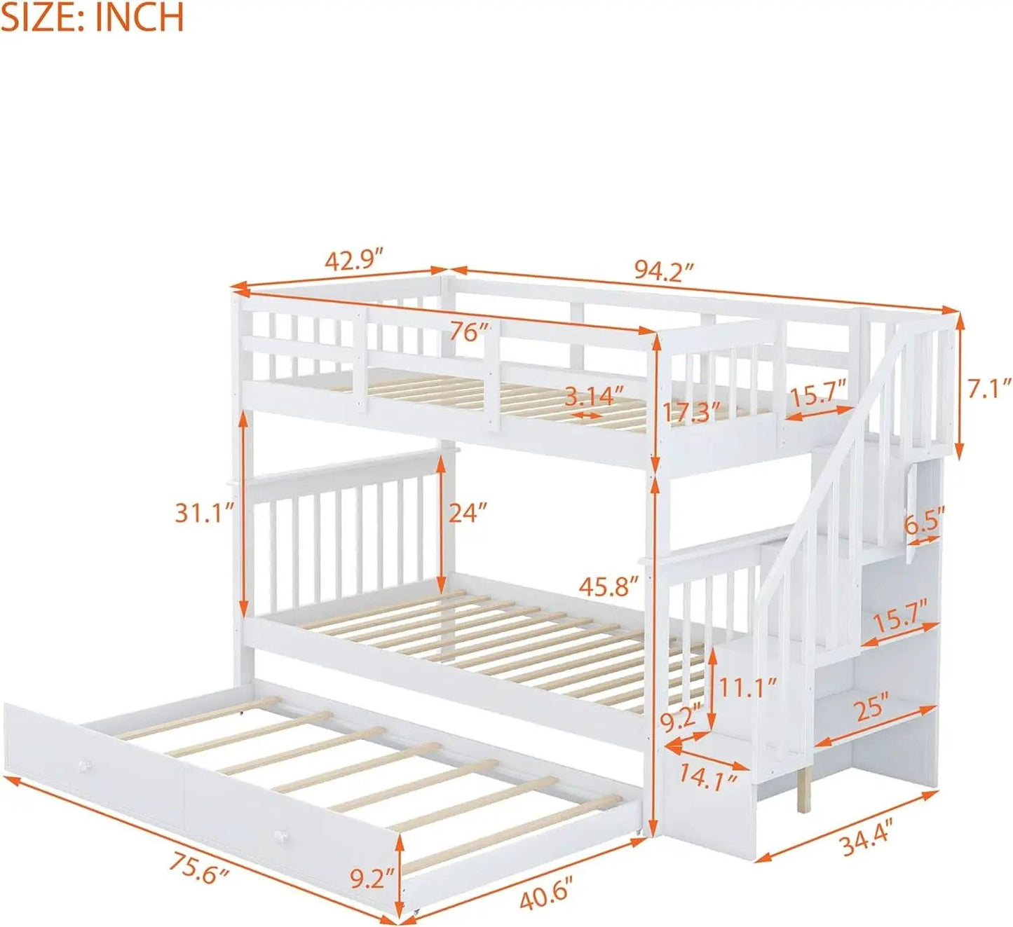 Twin Over Twin Bunk Bed With Stairs And Trundle White from PriceLows™