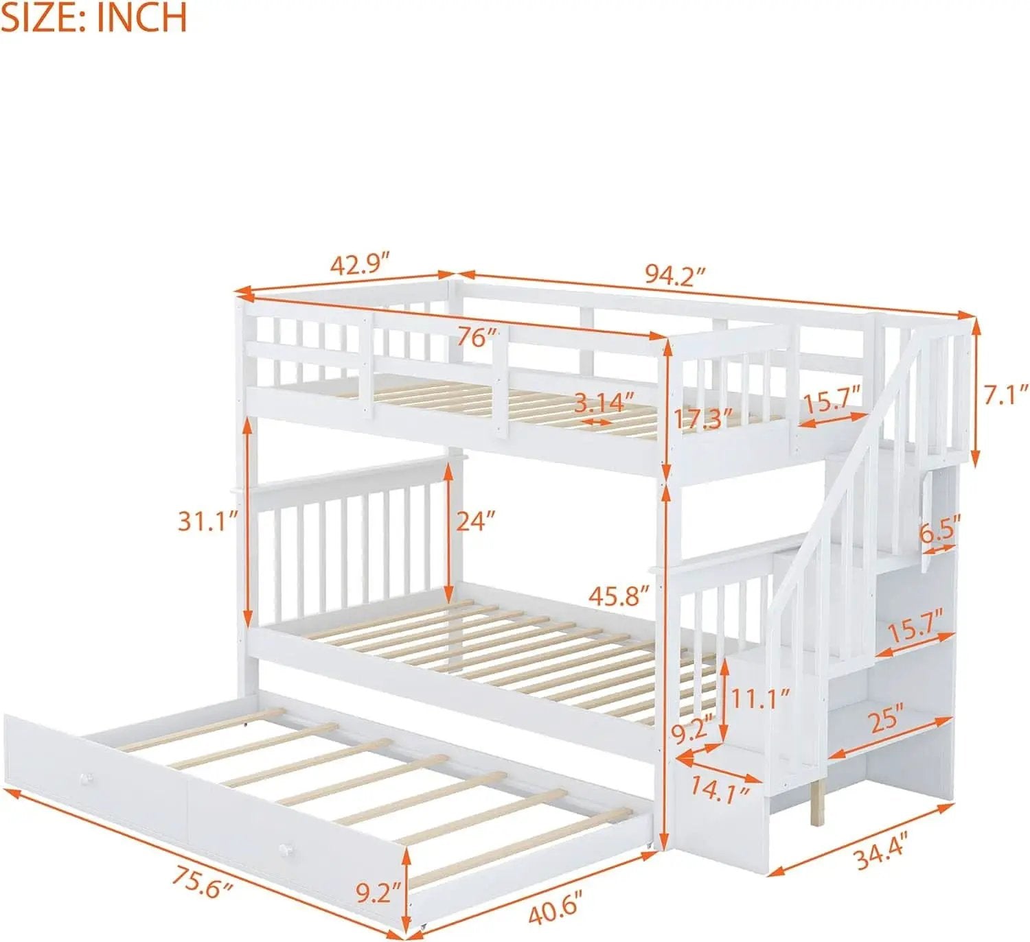 Twin Over Twin Bunk Bed With Stairs And Trundle White from PriceLows™