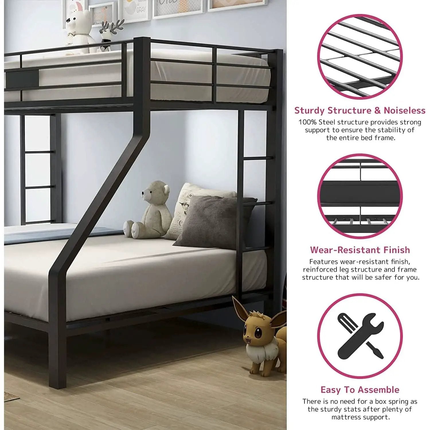 Twin XL Queen Bunk Bed In Sandy Black Finish Metal Slats from PriceLows™