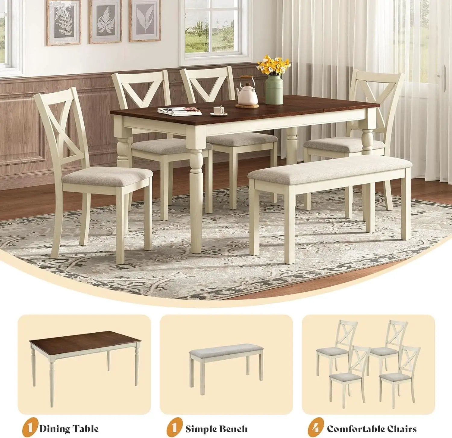 Sixty Inch Solid Wood Walnut Finish Dining Table Set Upholstered Chairs from PriceLows™