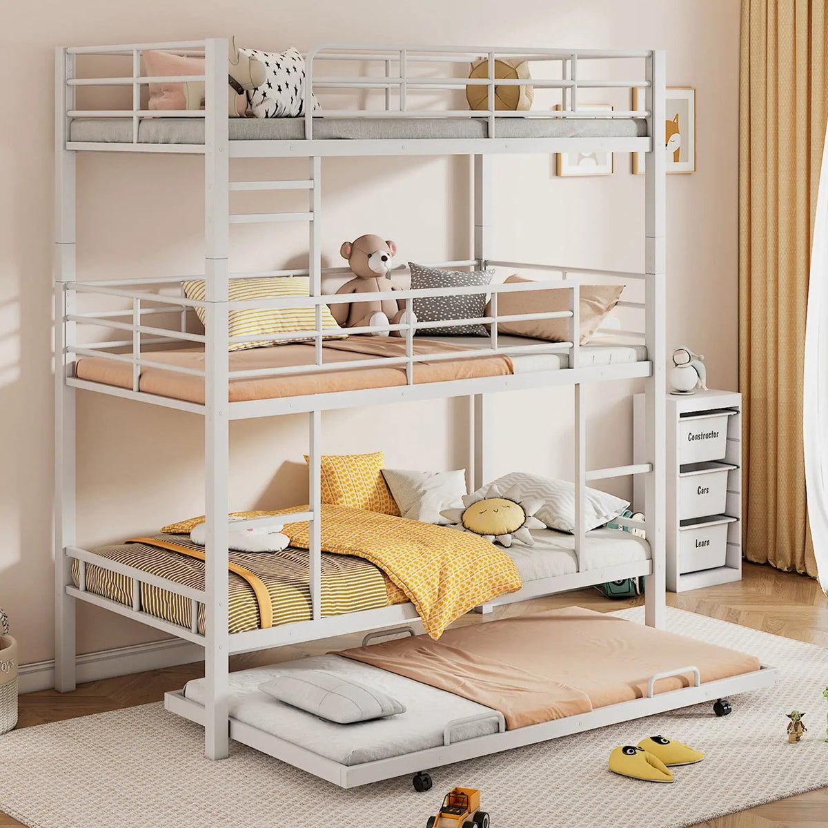 Triple Bunk Bed | Heavy Duty Steel | Built In Trundle | Full Guardrails